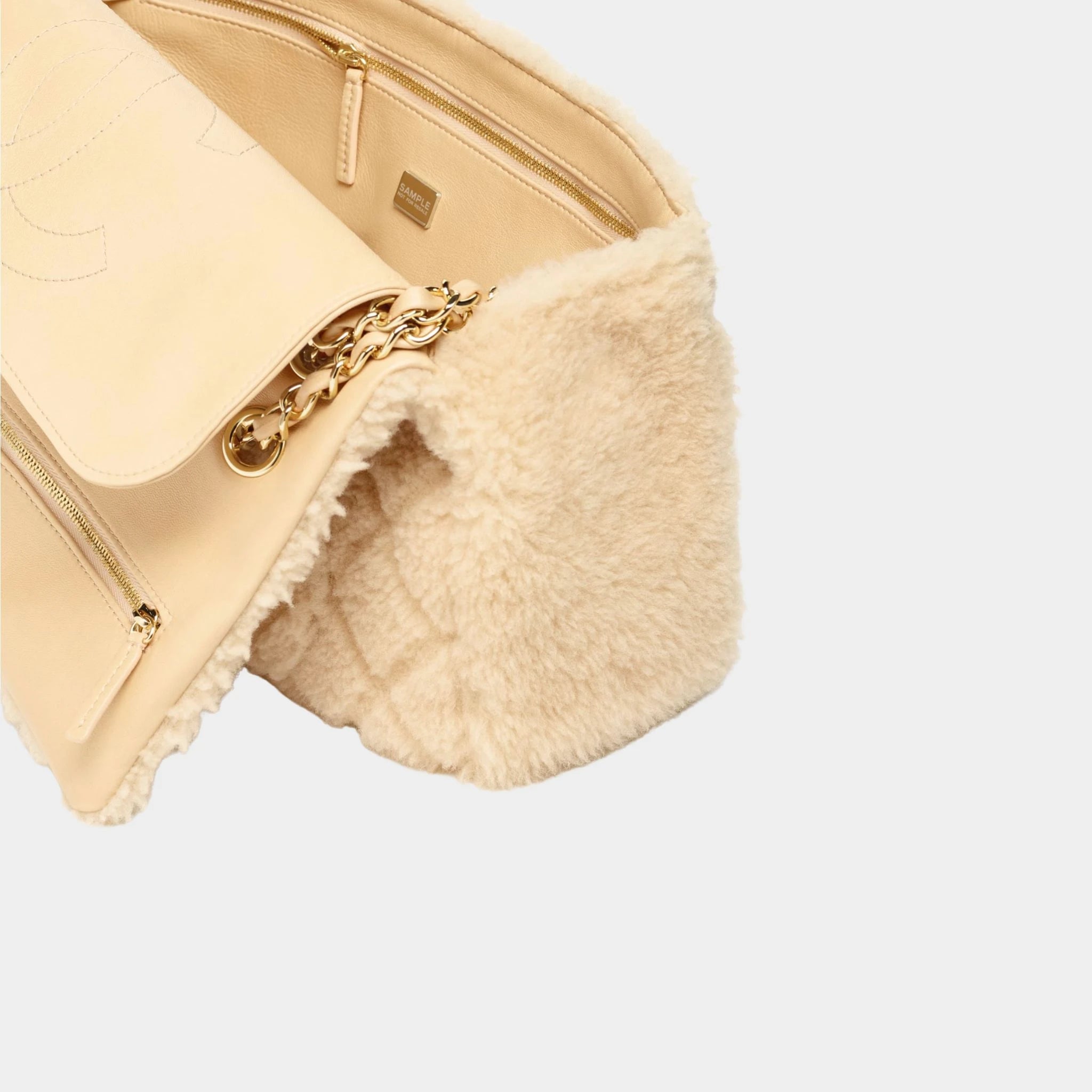 Maxi Flap Bag Shearling Lambskin & Gold Tone Metal Beige