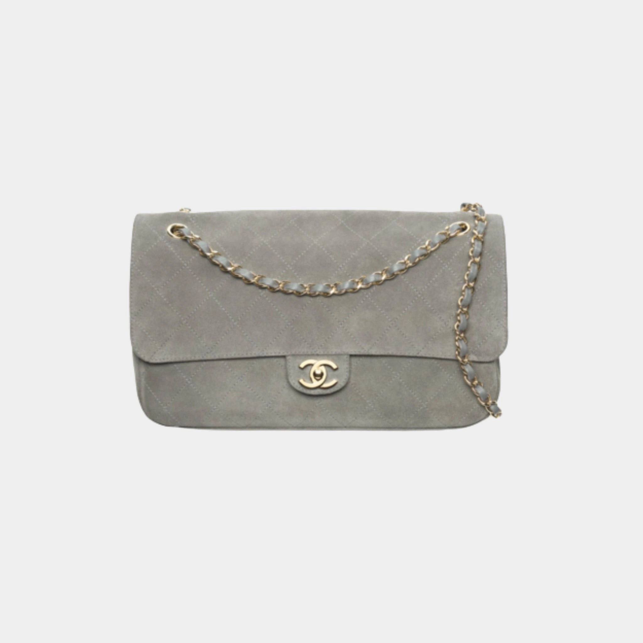 Chanel Maxi Flap Bag Suede Calfskin & Gold Metal, Dark Grey