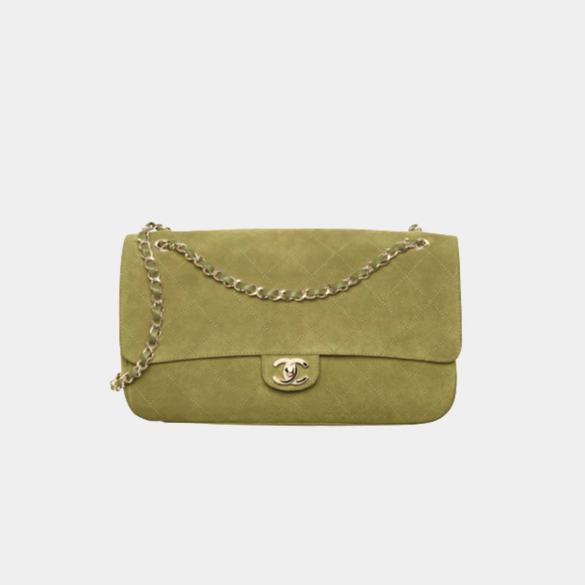Chanel Maxi Flap Bag Suede Calfskin & Gold Metal, Khaki