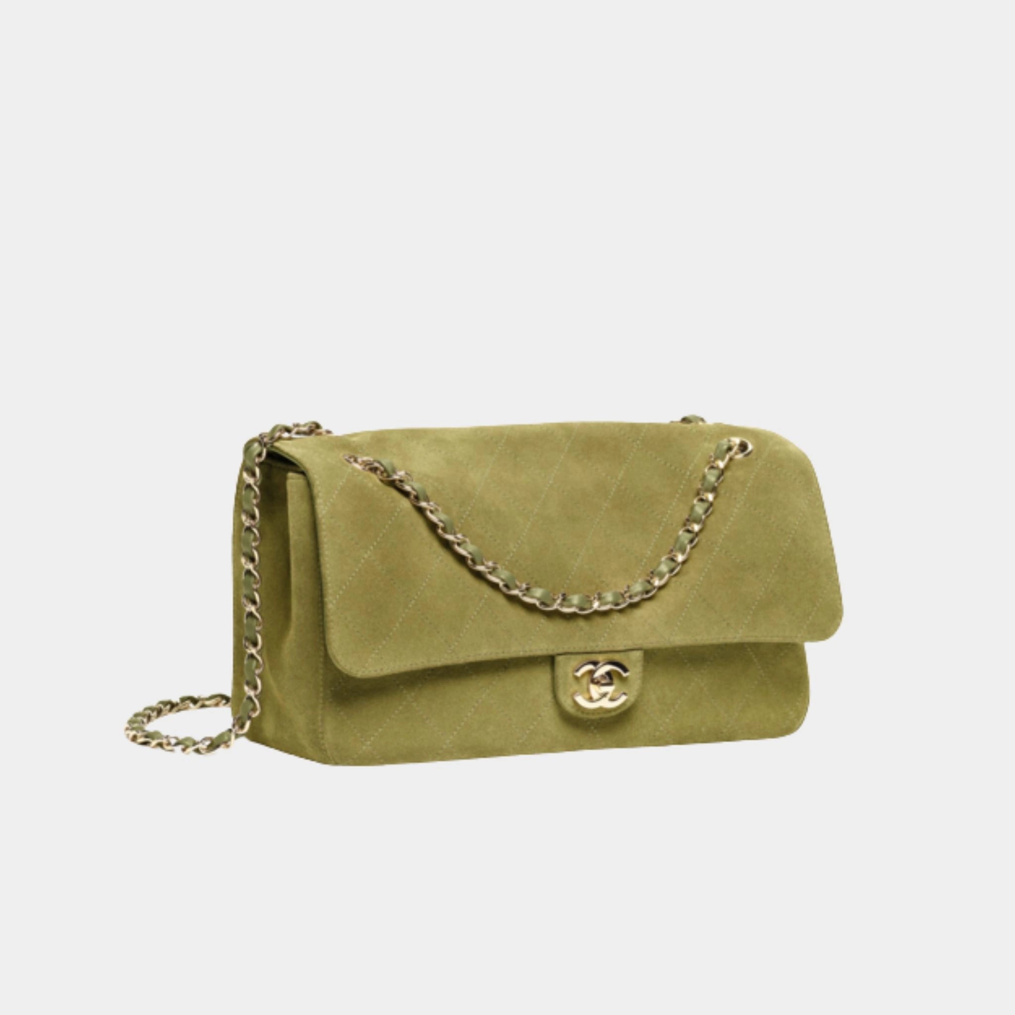 Chanel Maxi Flap Bag Suede Calfskin & Gold Metal, Khaki