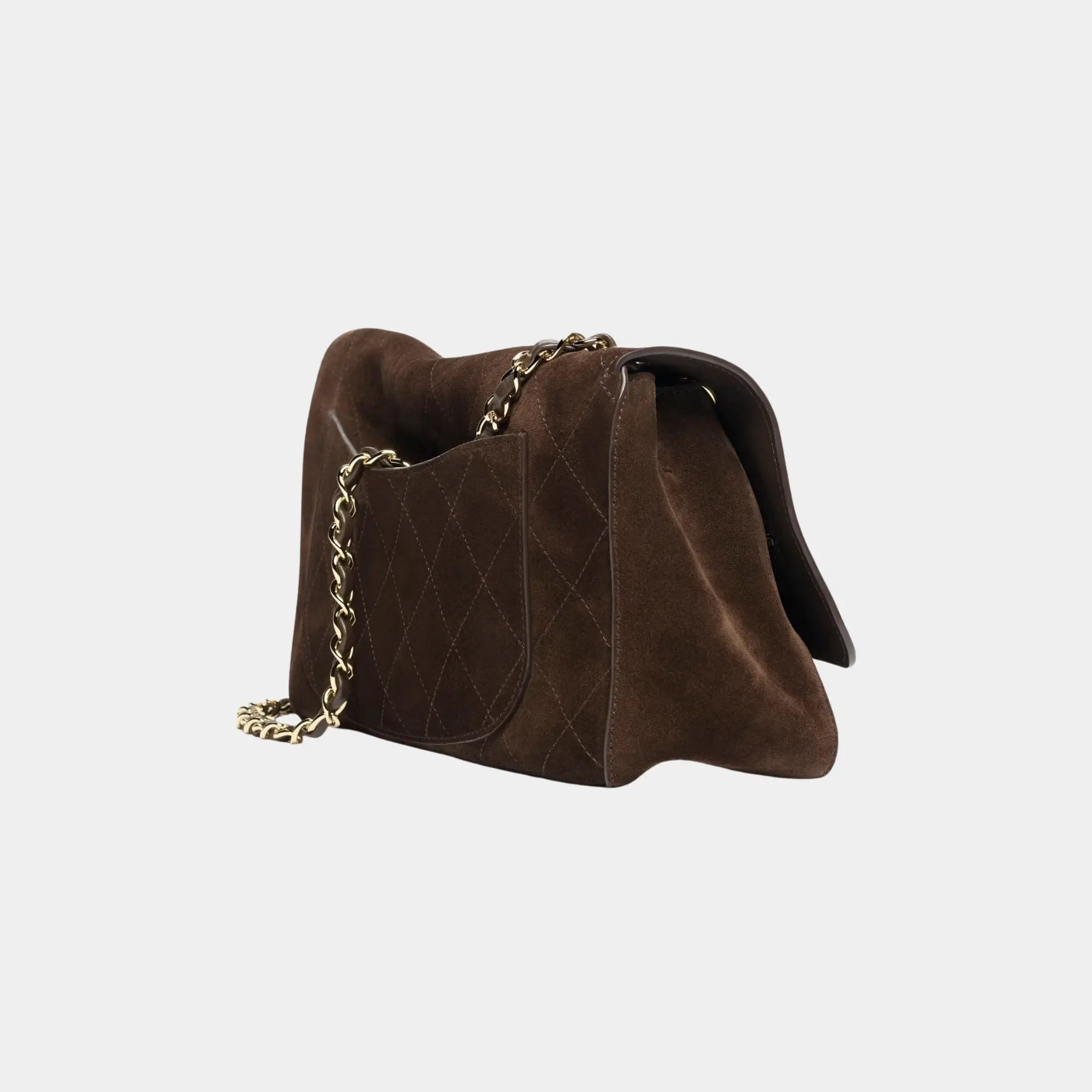 Chanel Maxi Flapbag in Suede Calfskin & Gold-Tone Metal, Dark Brown, Back