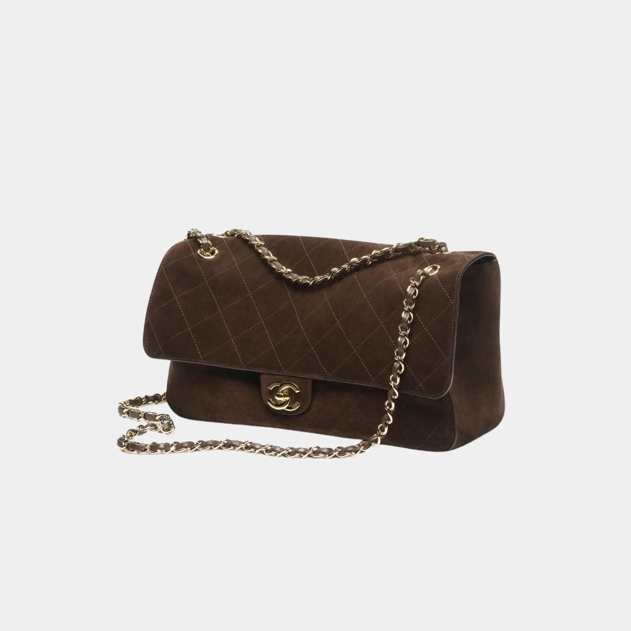 Chanel Maxi Flapbag in Suede Calfskin & Gold-Tone Metal, Dark Brown, Side