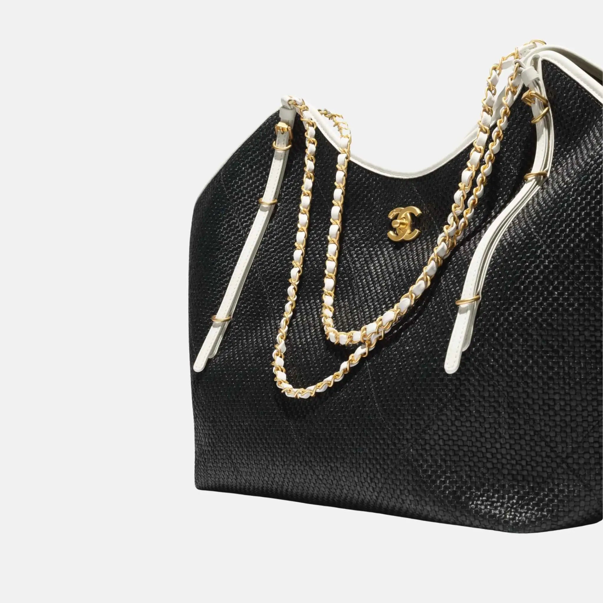 Chanel Maxi Shopping Bag Braided Raffia Calfskin Gold Tone Metal, Black, Close