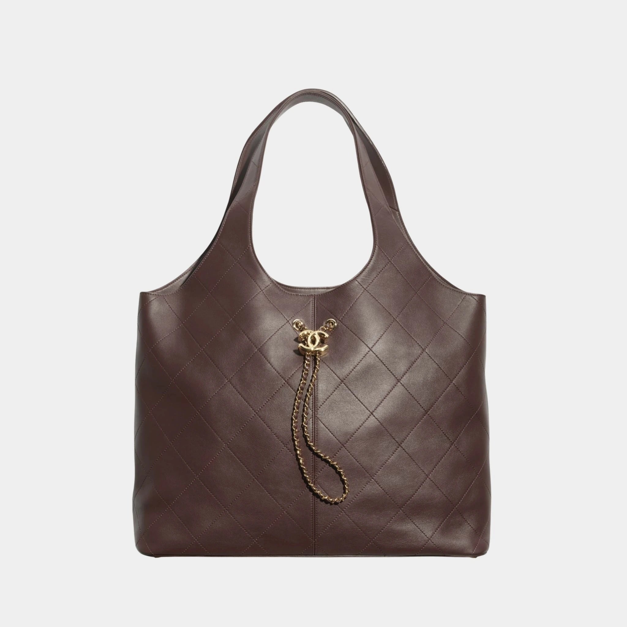 Maxi Shopping Bag Calfskin & Gold Tone Metal Dark Brown, Front