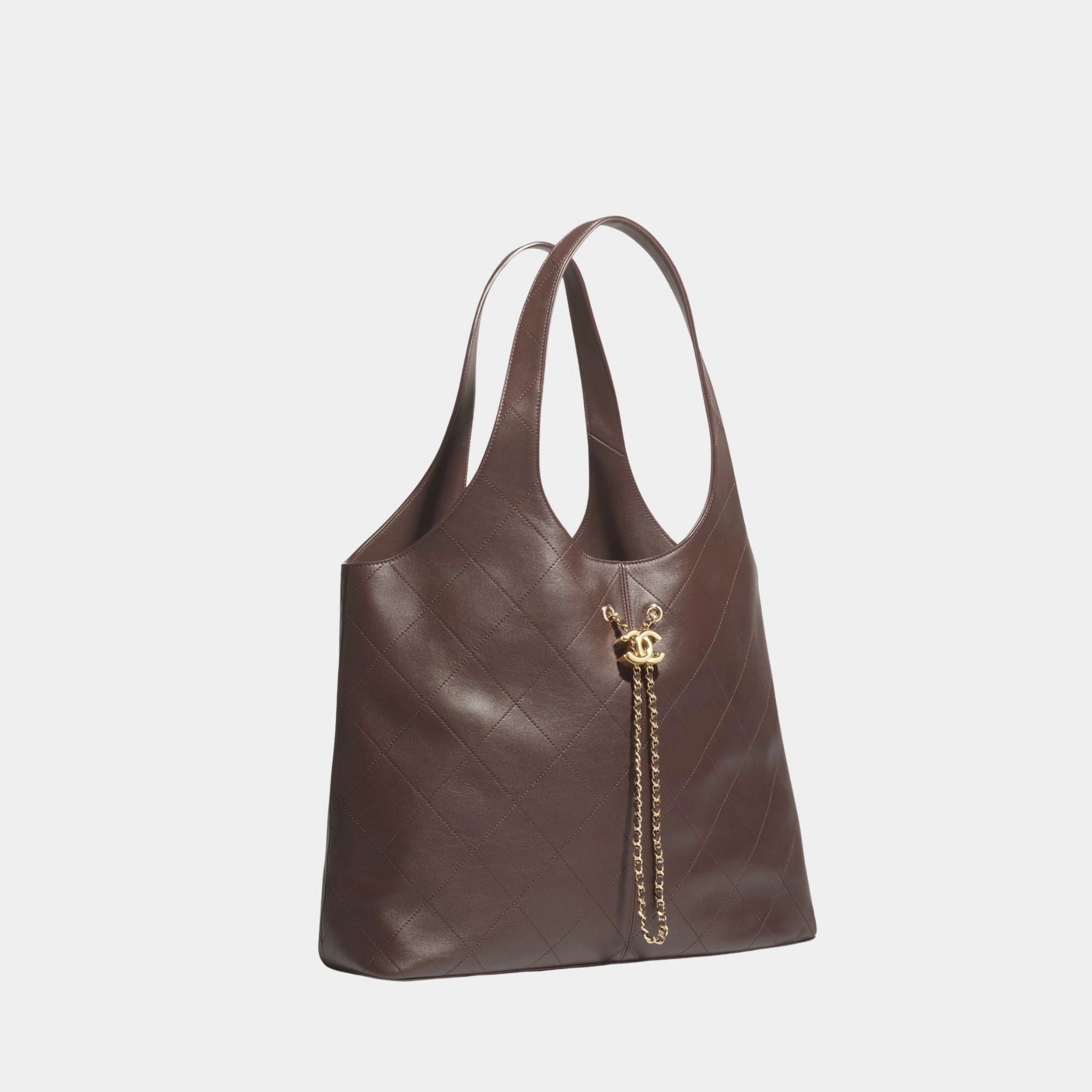 Maxi Shopping Bag Calfskin & Gold Tone Metal Dark Brown, Side