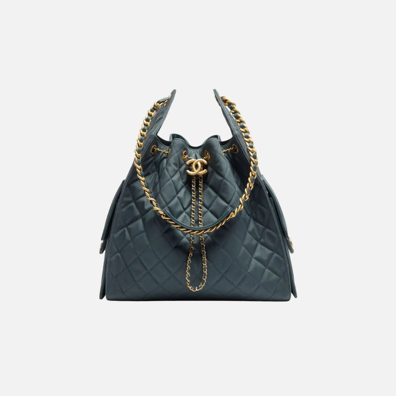 Chanel Medium Chanel 25 Bag in Dark Blue Canvas and Gold Metal, Front