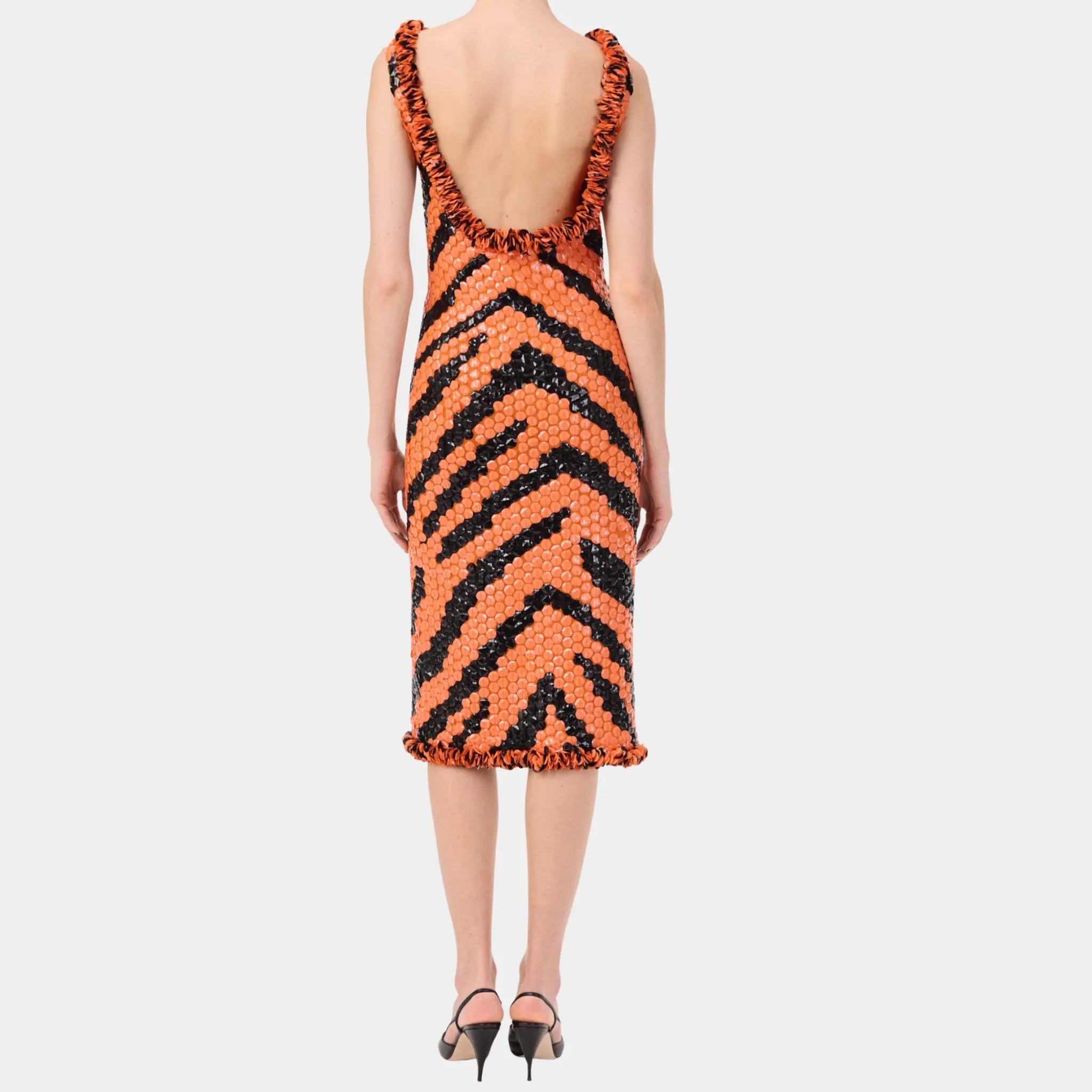 Chanel Midi Dress Mixed Fibres in Orange & Black, Back