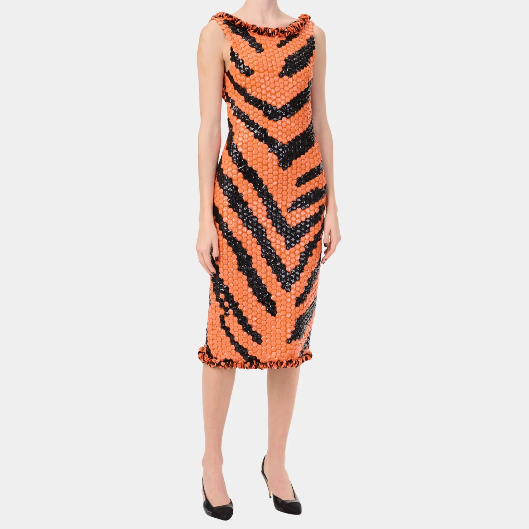 Chanel Midi Dress Mixed Fibres in Orange & Black, Front