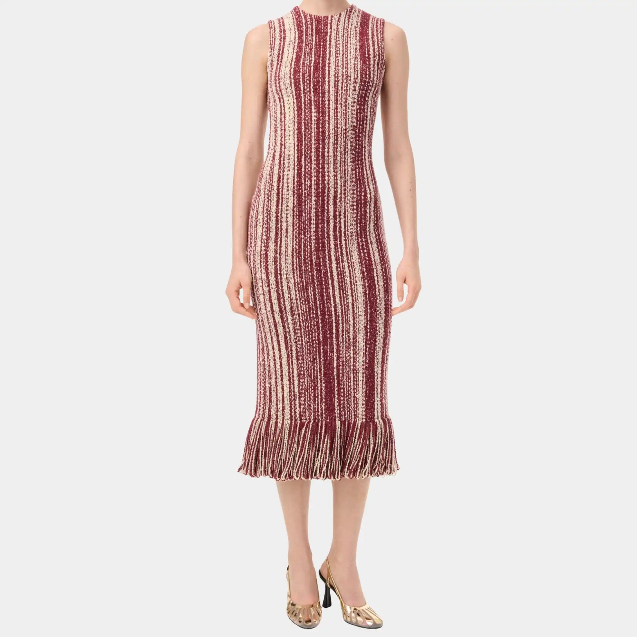 Chanel Midi Dress Silk in Burgundy & Light Yellow, Front