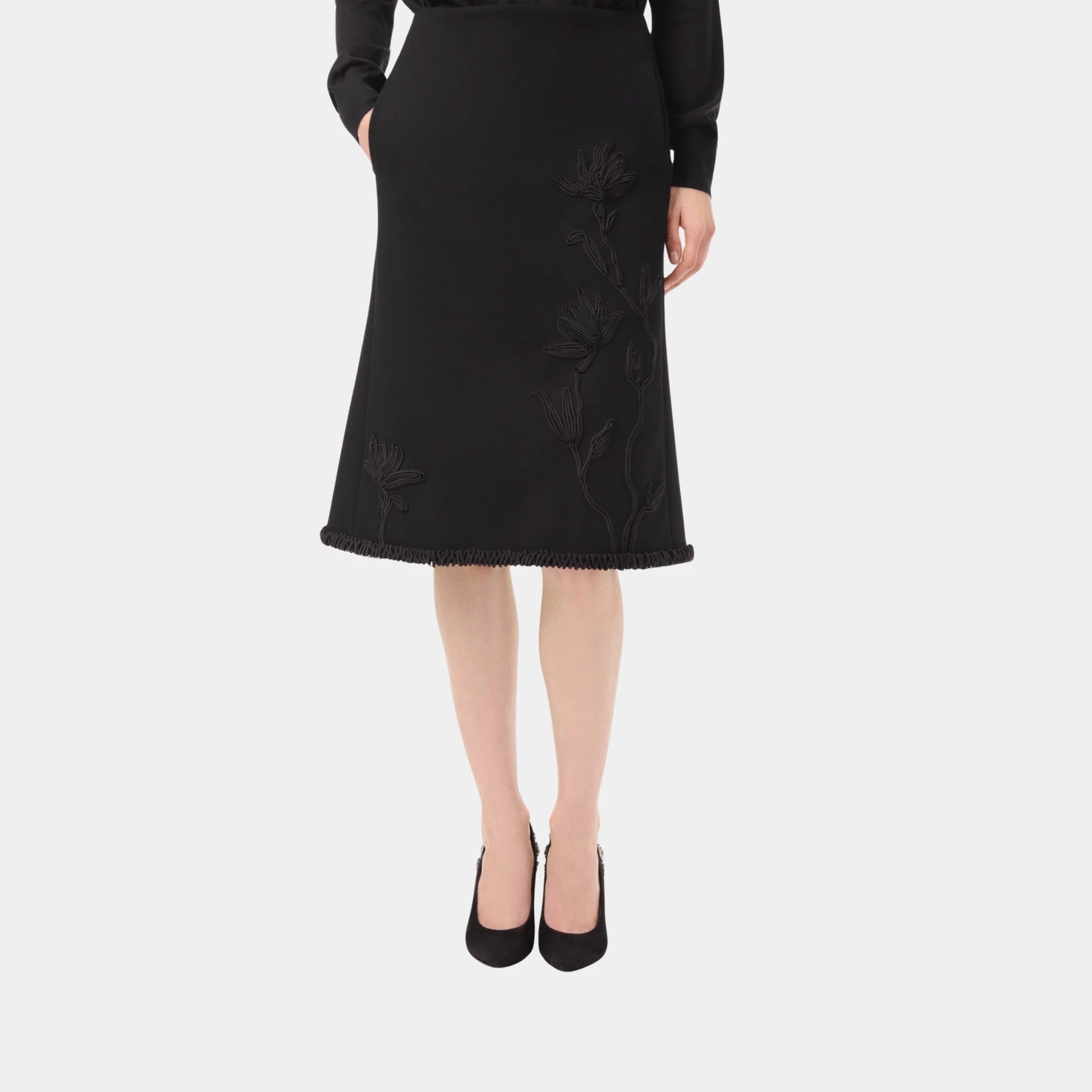 Chanel Midi Skirt Embroidered Cotton & Silk Mixed Fabrics in Black, Front