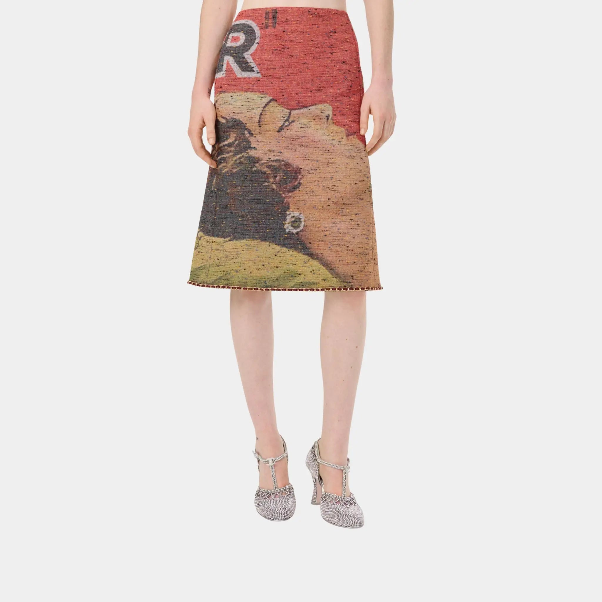 Chanel Midi Skirt Mixed Fibres in Red & Multicolor, Front