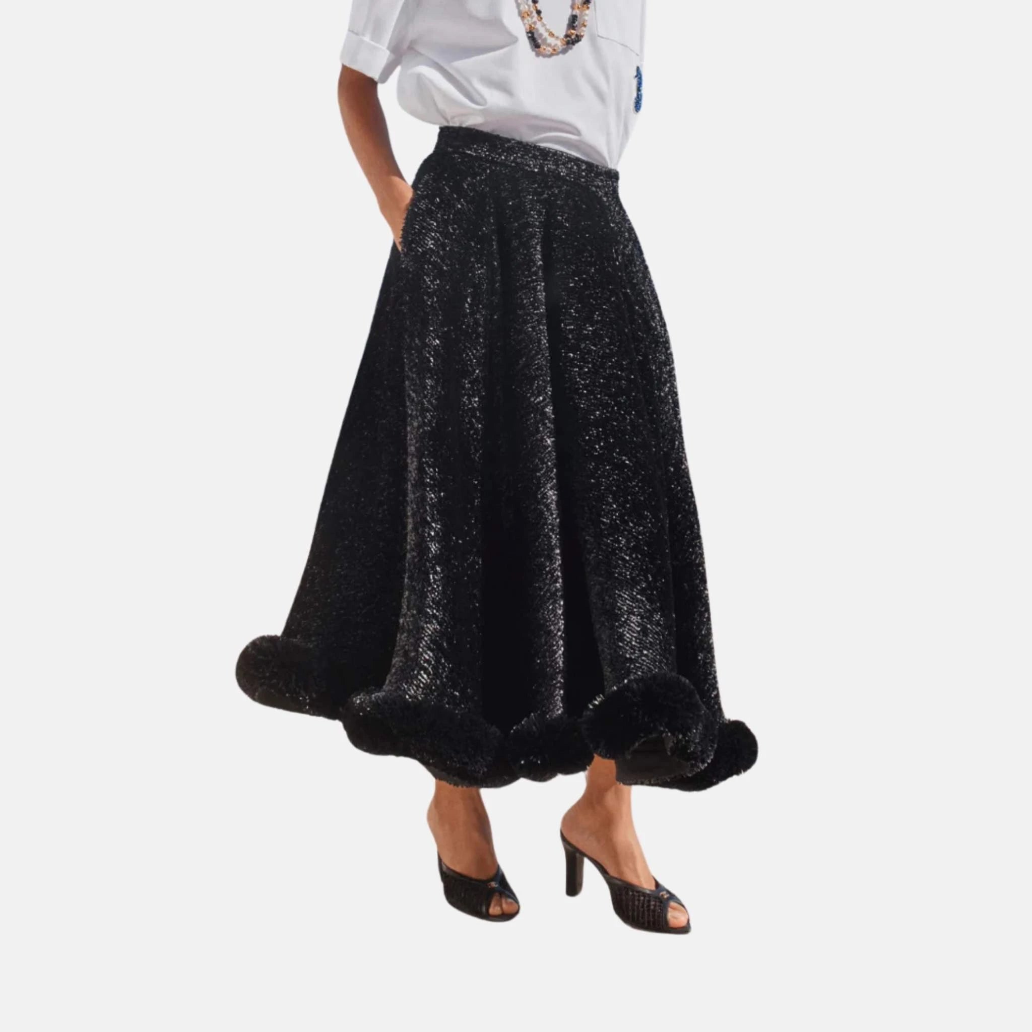 Chanel Midi Skirt Silk Mixed Fibers Black