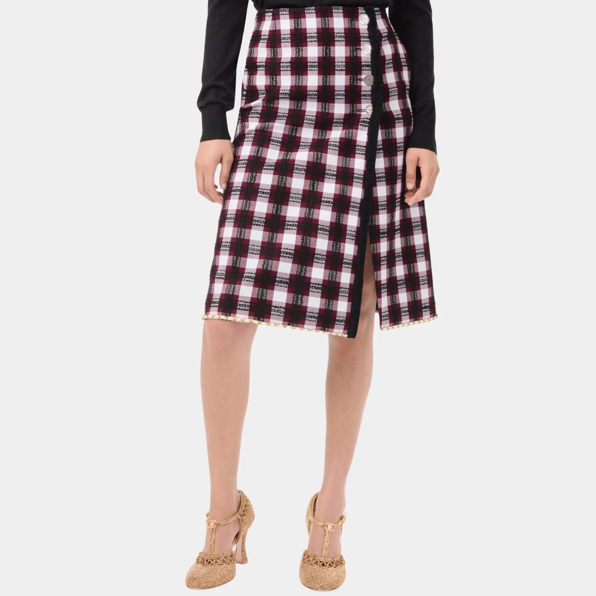 Chanel Midi Skirt Tweed in Burgundy & White Black, Front