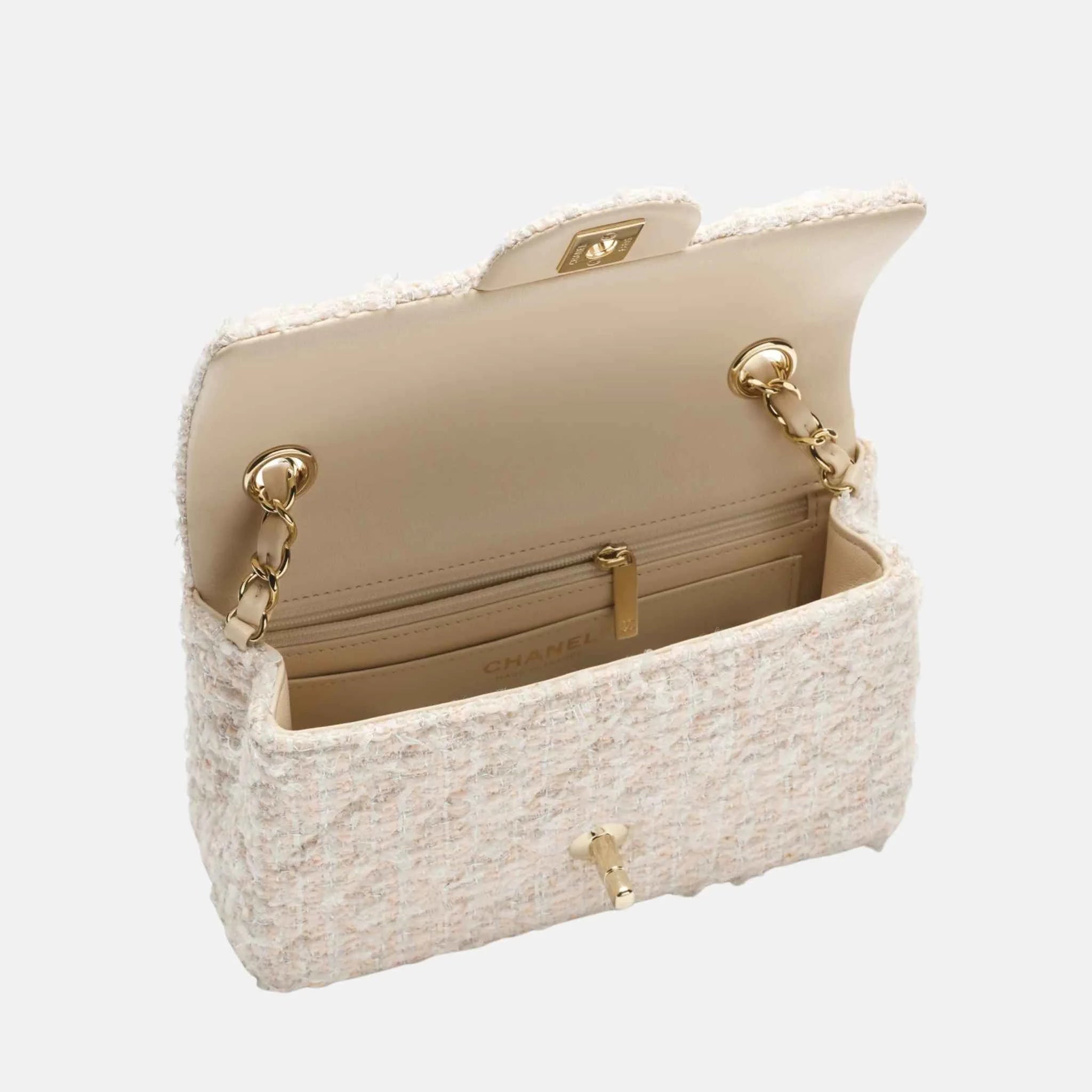 Mini Classic Handbag Tweed Fabrics in Gold Metal