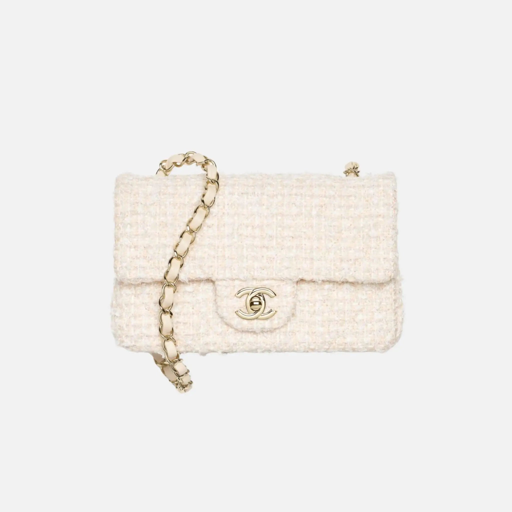 Chanel Mini Classic Handbag Tweed Fabrics in Gold Metal, Beige White, Front