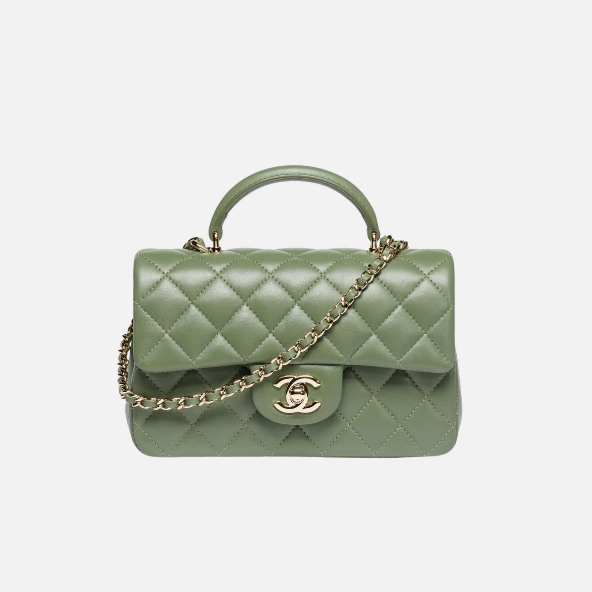 Chanel Mini Classic Handbag With Top Handle In Lambskin, Khaki, Front