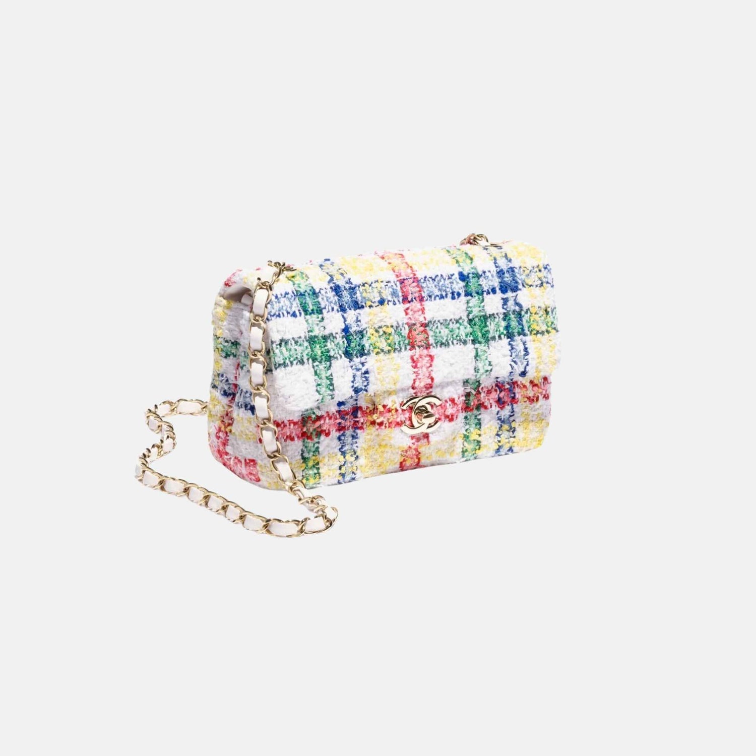 Chanel Mini Classic Multicolour Handbag In Tweed And Gold Metal, Side