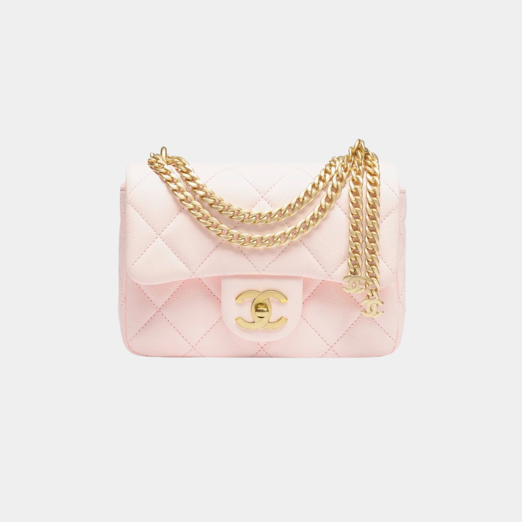 Chanel Mini Flap Bag in Grained Shiny Calfskin & Gold-Tone Metal, Light Pink, Front