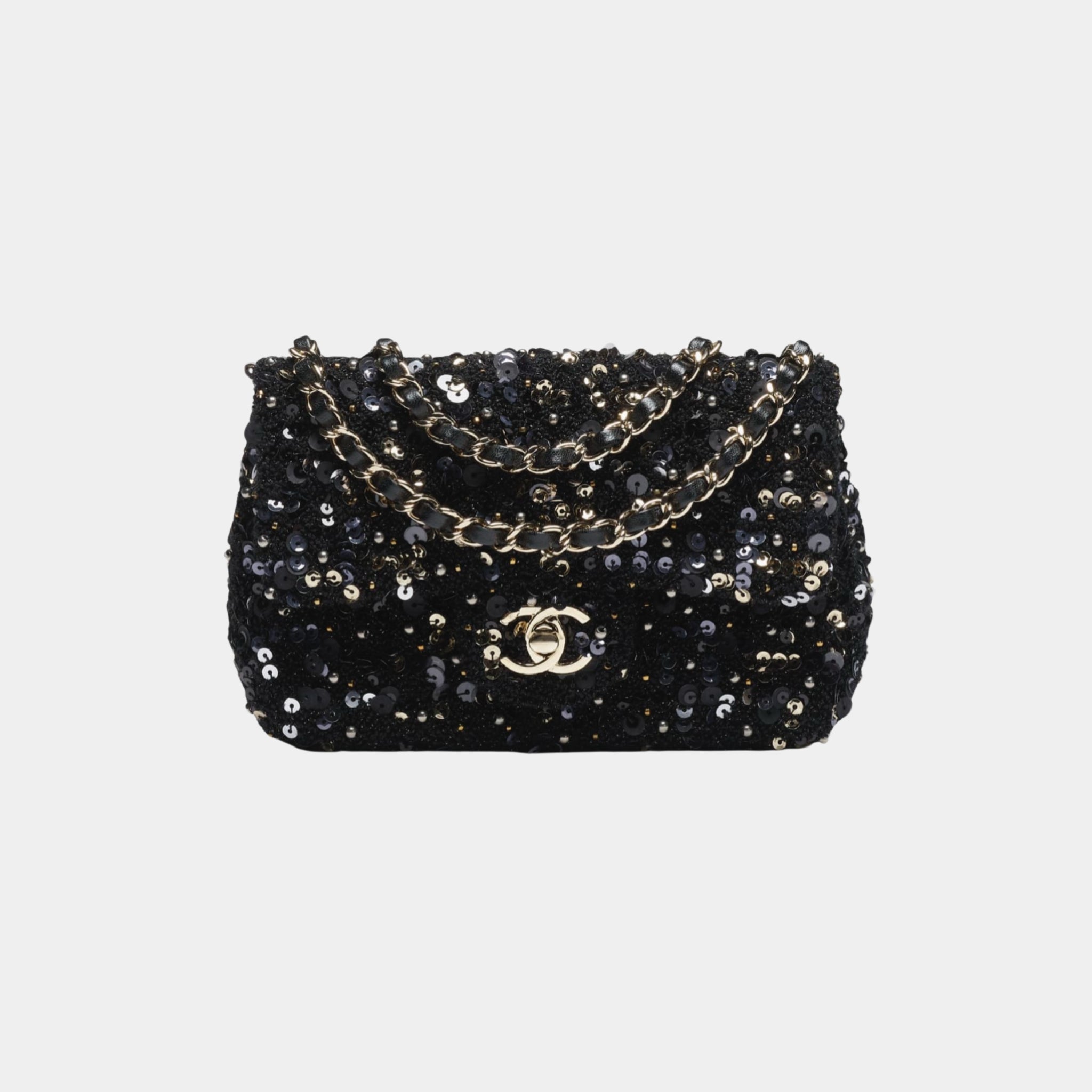 Chanel Mini Flap Bag in Sequins & Imitation Pearls, Black, Front