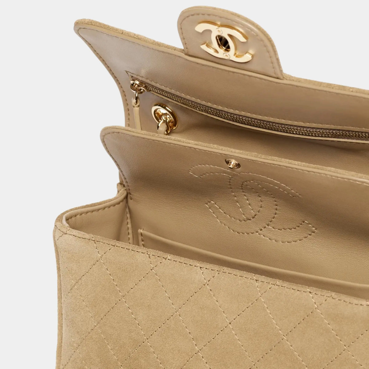 Mini Flap Bag Suede calfskin & gold-tone metal Dark beige