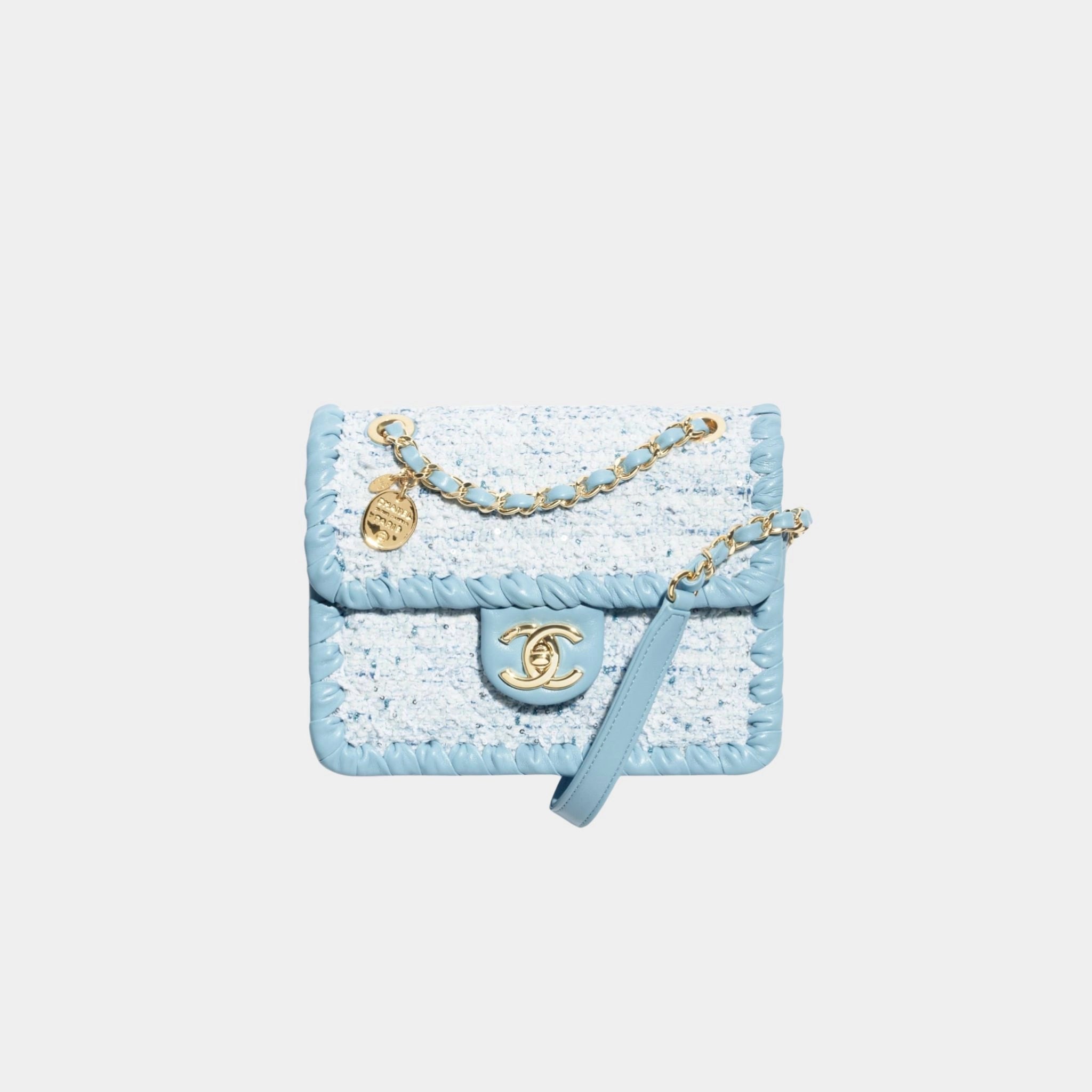Chanel Mini Flap Bag Tweed Braided Calfskin & Gold Tone Metal, blue, front