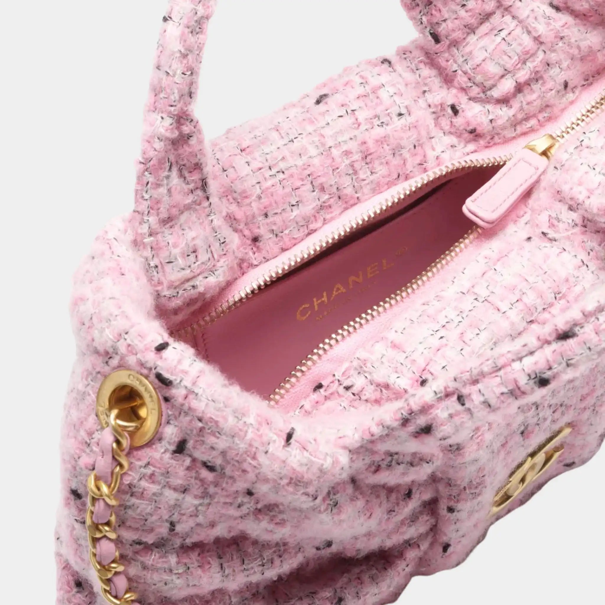 Chanel Mini Knot Bag Tweed & Gold Metal Pink Black & White, Interior