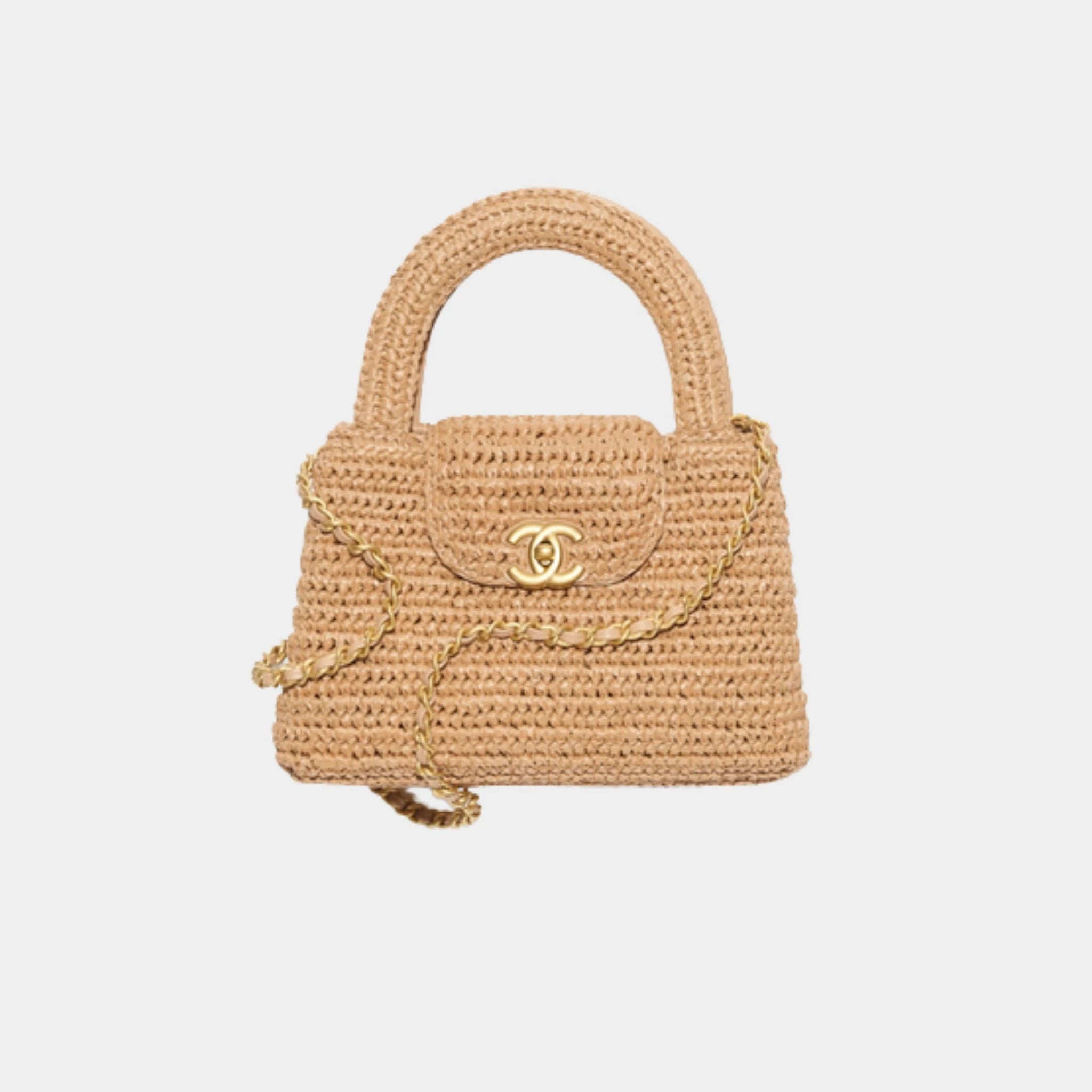 Mini Shopping Bag Braided Raffia & Gold-Tone Metal, Dark