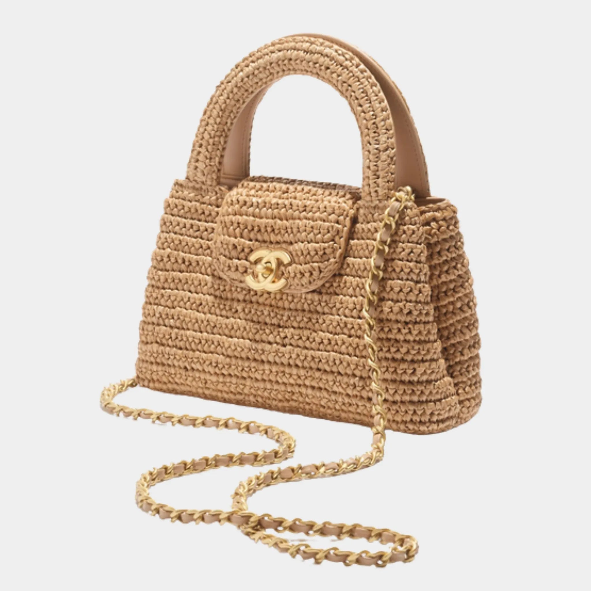 Mini Shopping Bag Braided Raffia & Gold-Tone Metal, Dark