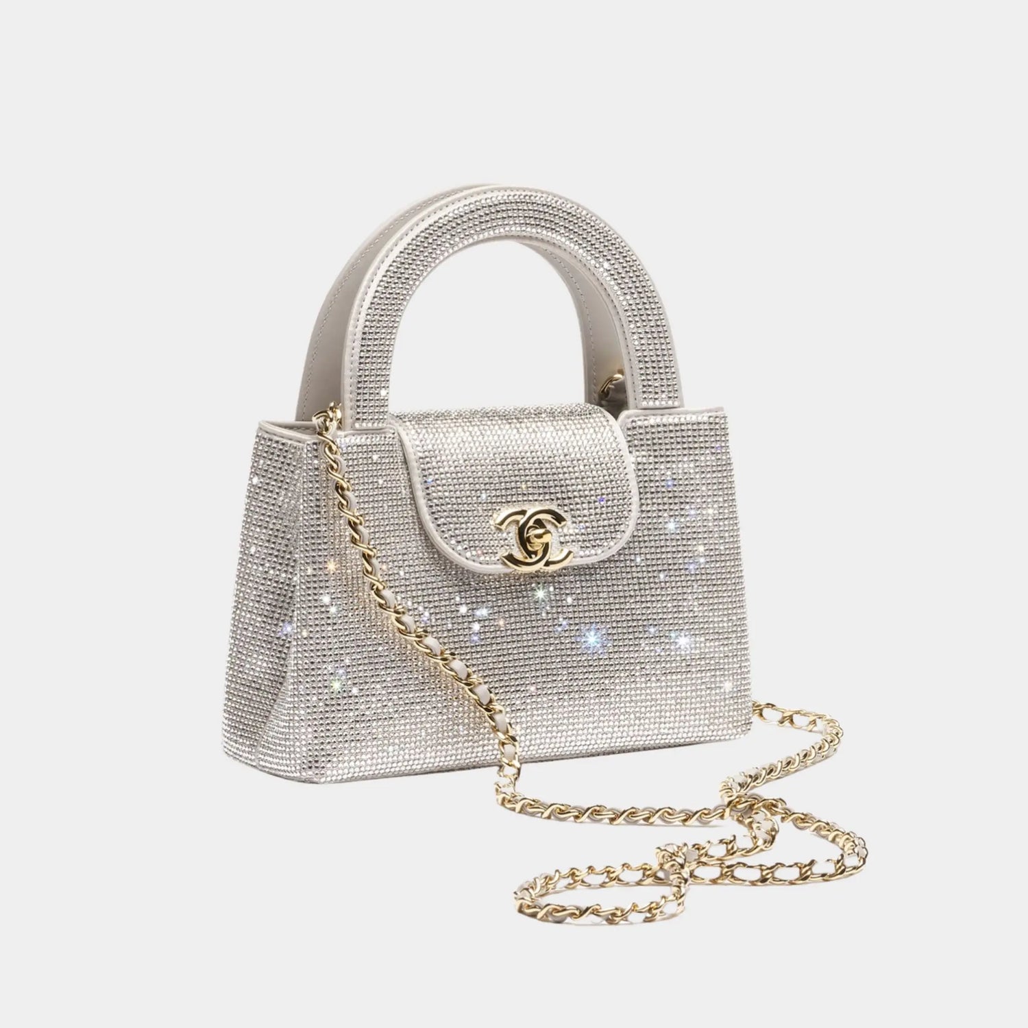 Chanel Mini Tote Strass & Gold-Tone Metal Silvery Side