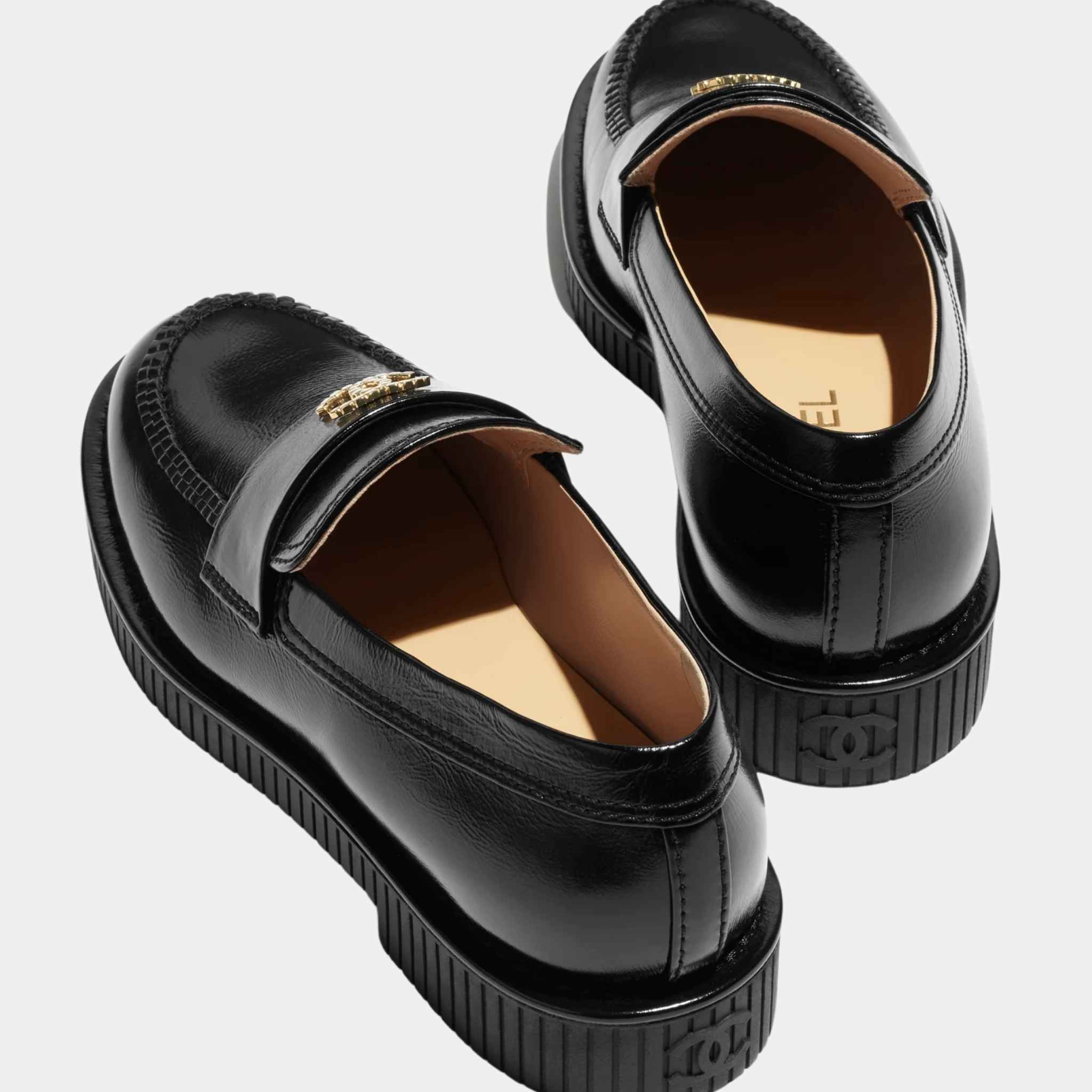 Chanel Moccasins Shiny Crumpled Calfskin Black, Rear Top