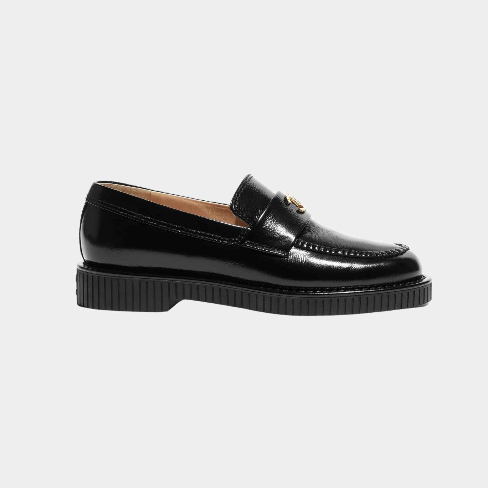 Chanel Moccasins Shiny Crumpled Calfskin Black, Side
