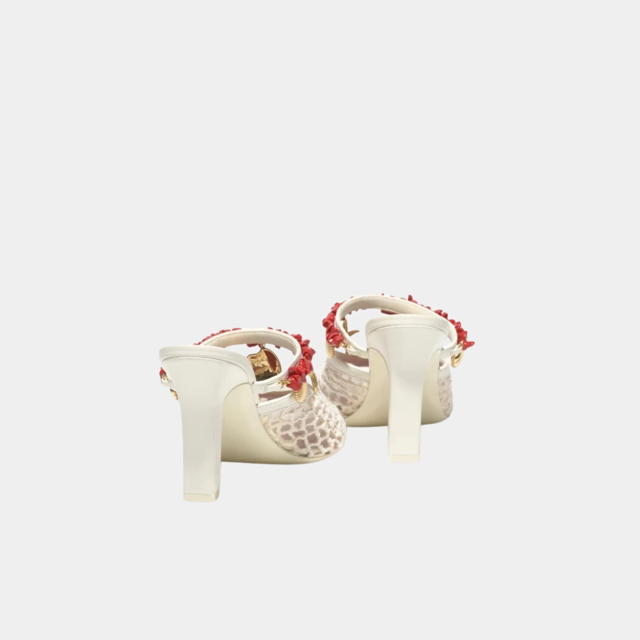 Chanel Mules in Mesh Cotton Lambskin Resin & Metal, White, Back