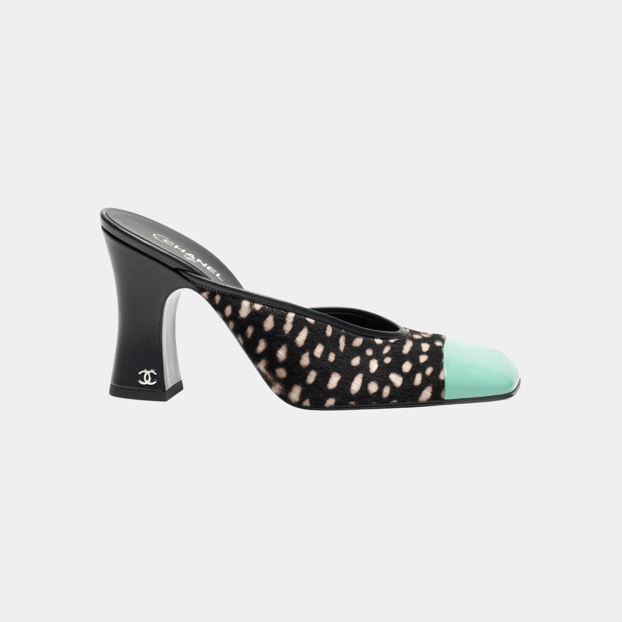 Chanel Mules in Lambskin & Patent Calfskin, Black, White, Green, Side