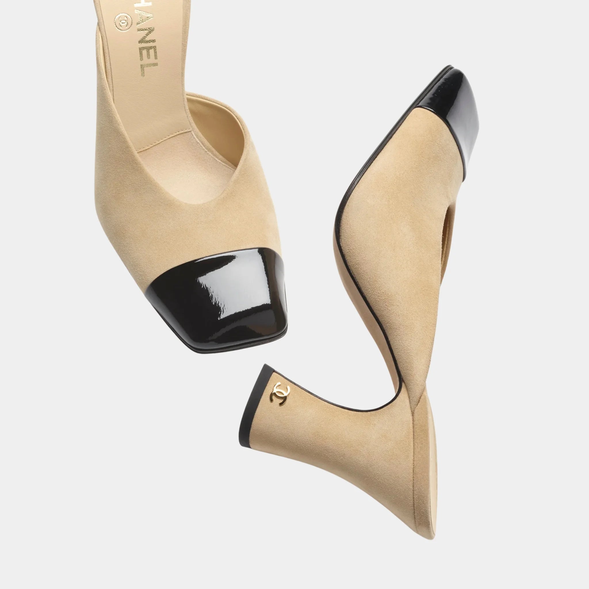 Chanel Mules in Suede Kidskin & Patent Calfskin, Beige, Top