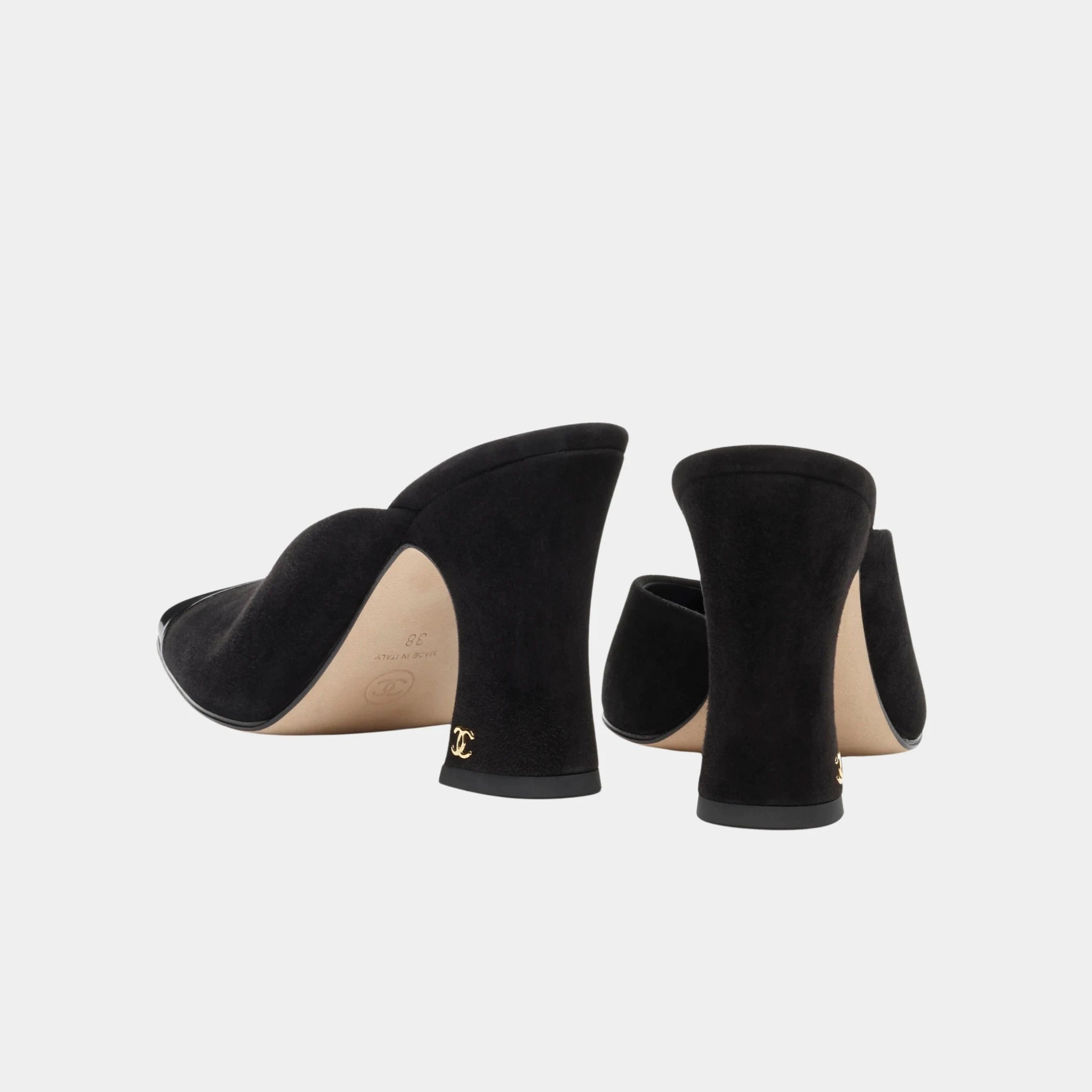 Chanel Mules in Suede Kidskin & Patent Calfskin, Black, Back