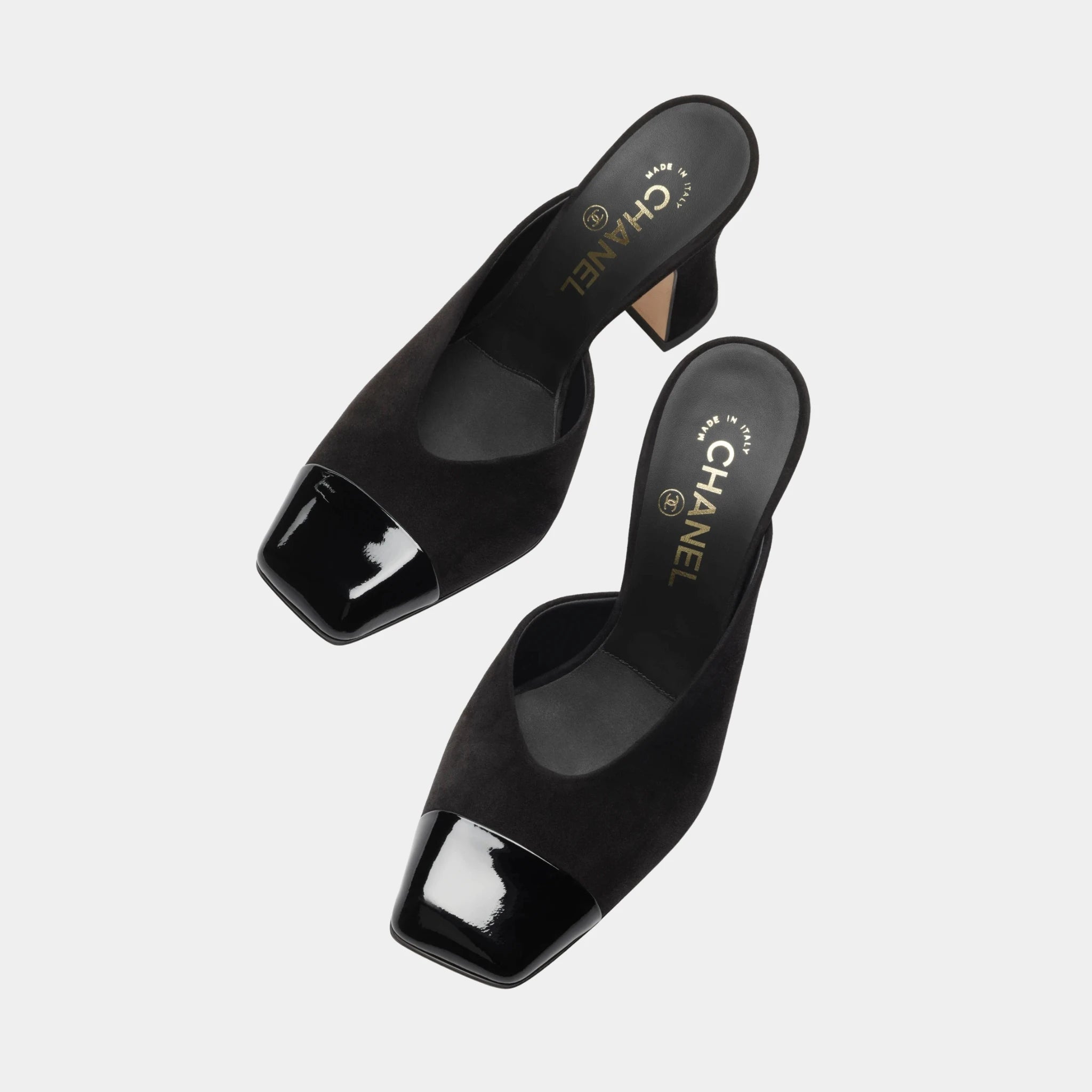 Chanel Mules in Suede Kidskin & Patent Calfskin, Black, Top