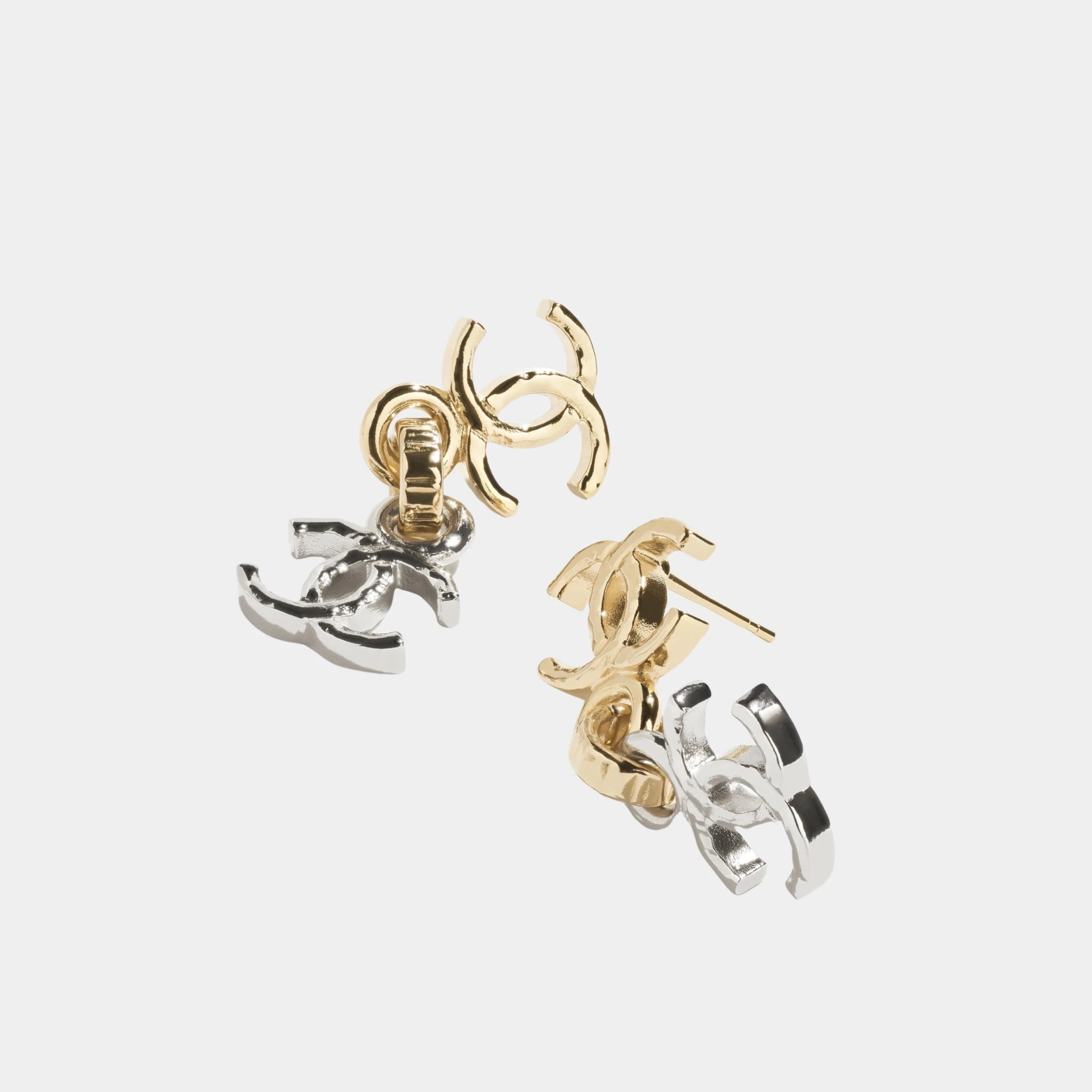 Chanel Pendant Earrings in Gold & Silver Metal, Close