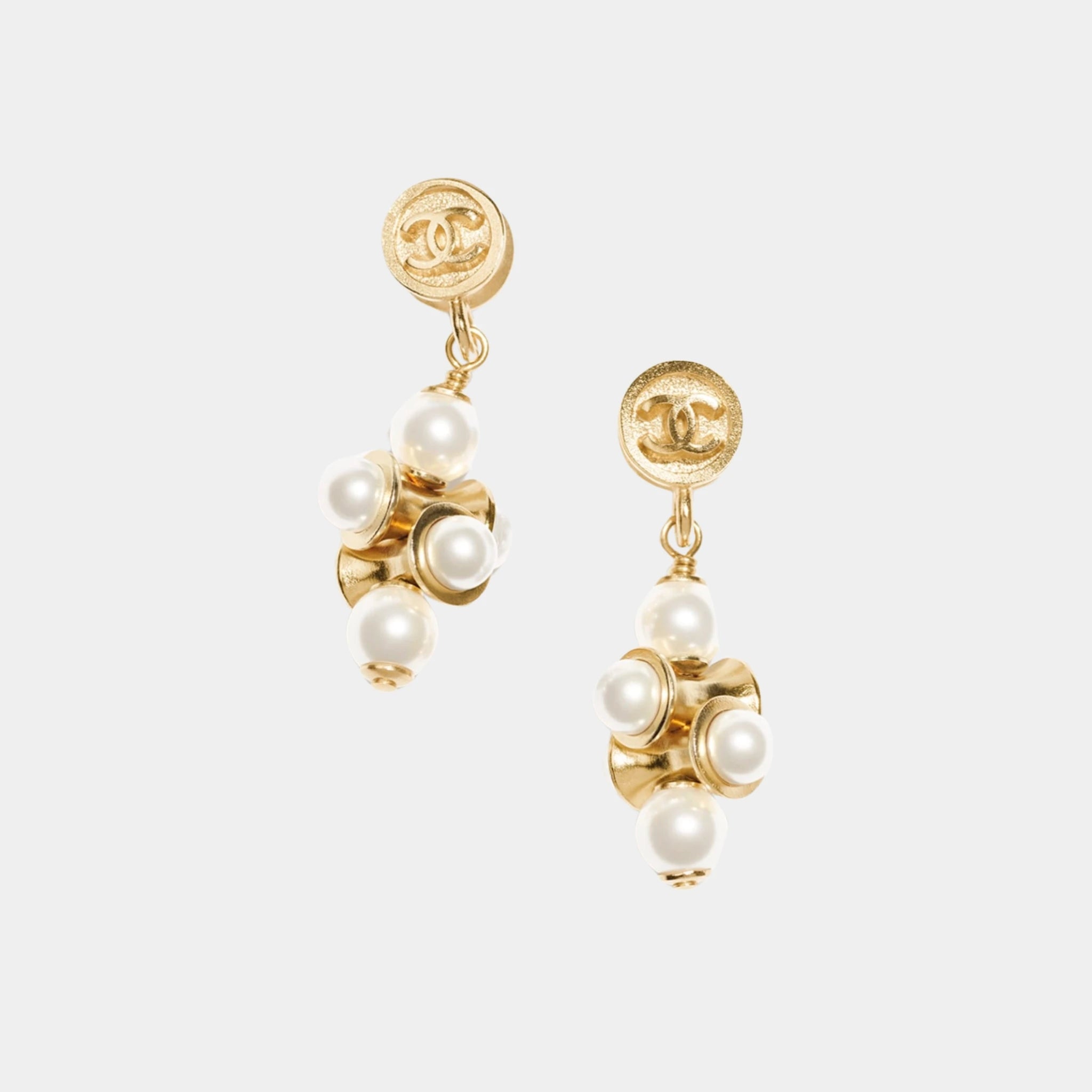 Chanel Pendant Earrings in Metal & Glass Pearls, Front