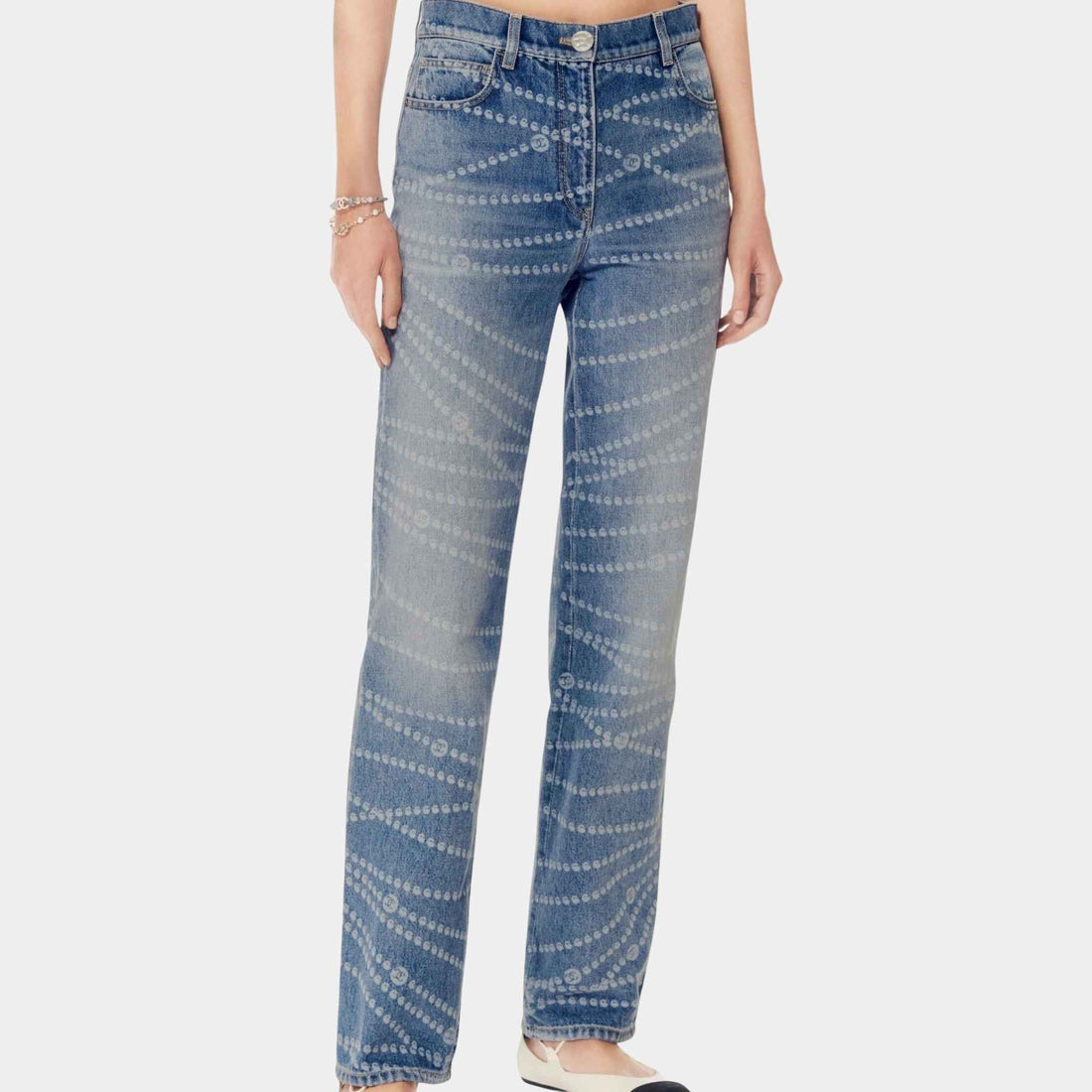 Chanel Printed Washed Blue and White Denim Jeans, Front