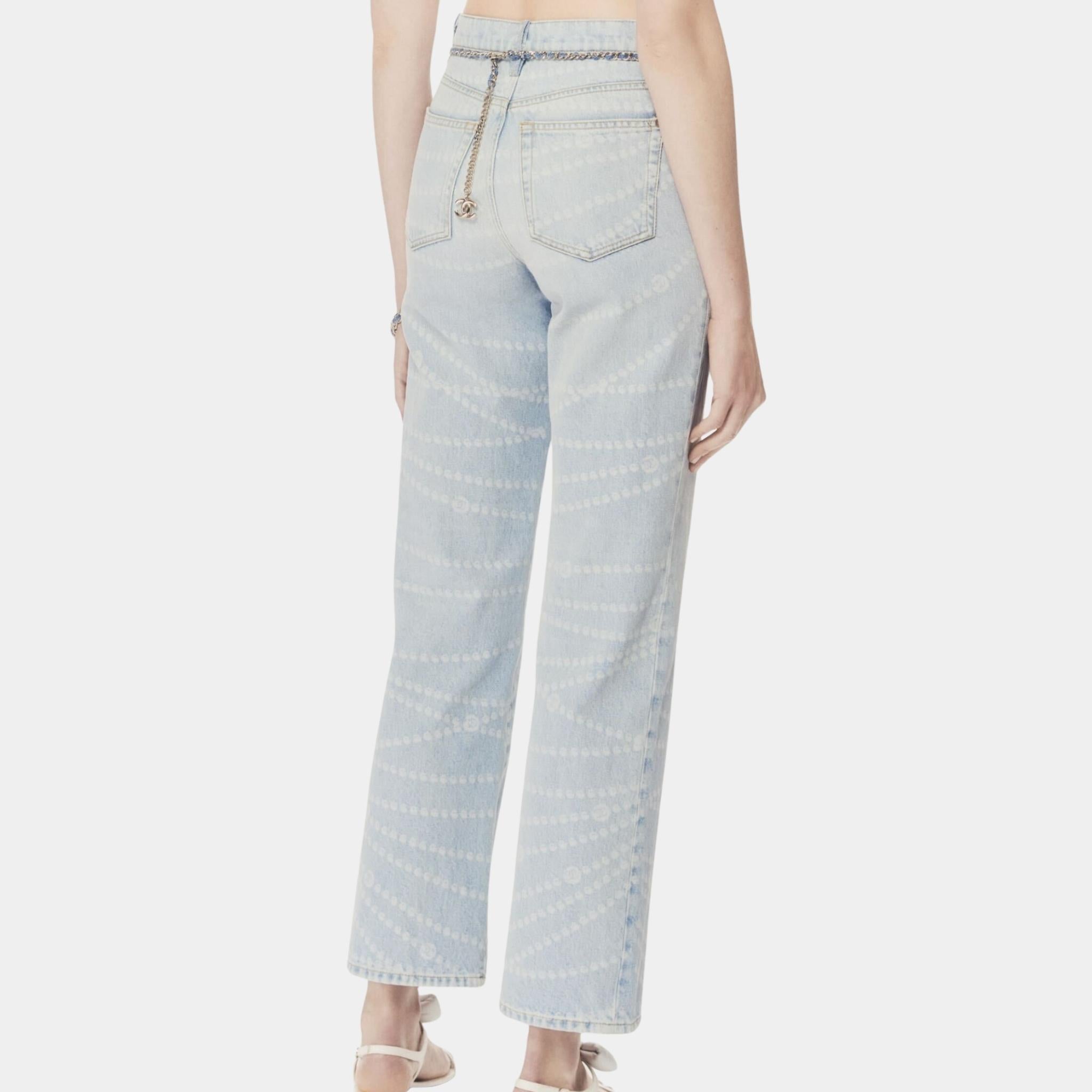 Chanel Printed Washed Light Blue Denim Jeans, Back