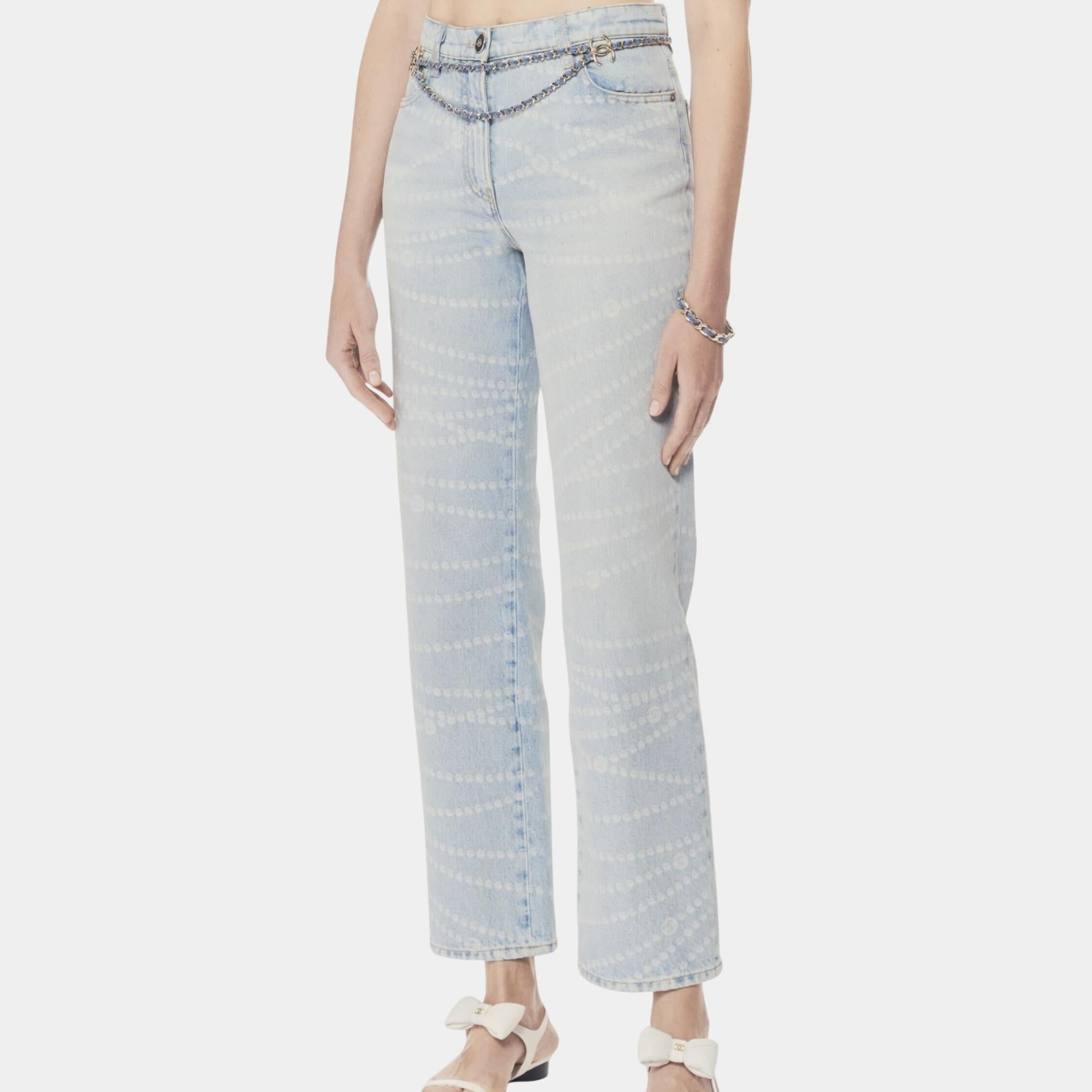 Chanel Printed Washed Light Blue Denim Jeans, Front