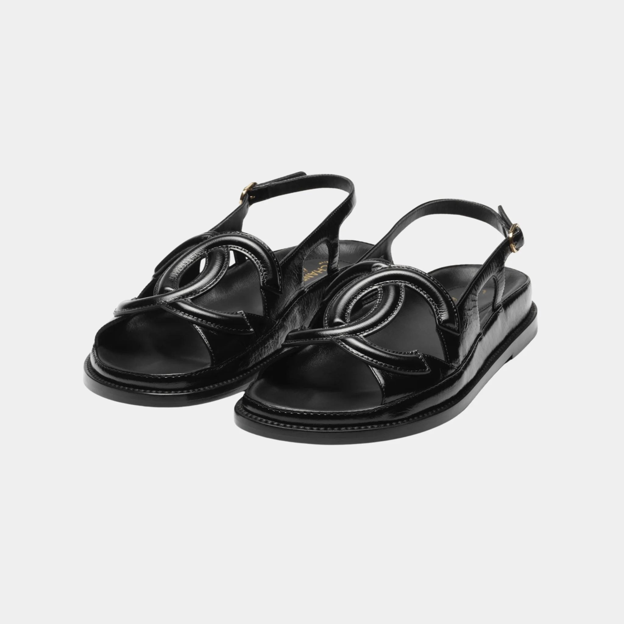 Chanel Sandals in Black Crumpled Shiny Lambskin, Front