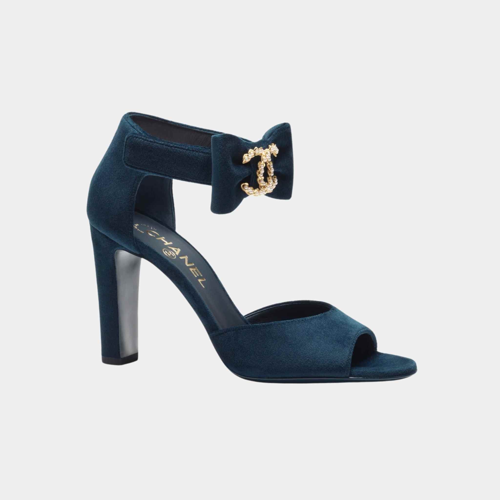 Chanel Sandals Velvet, Imitation Pearls Metal Dark Blue, Side and heal