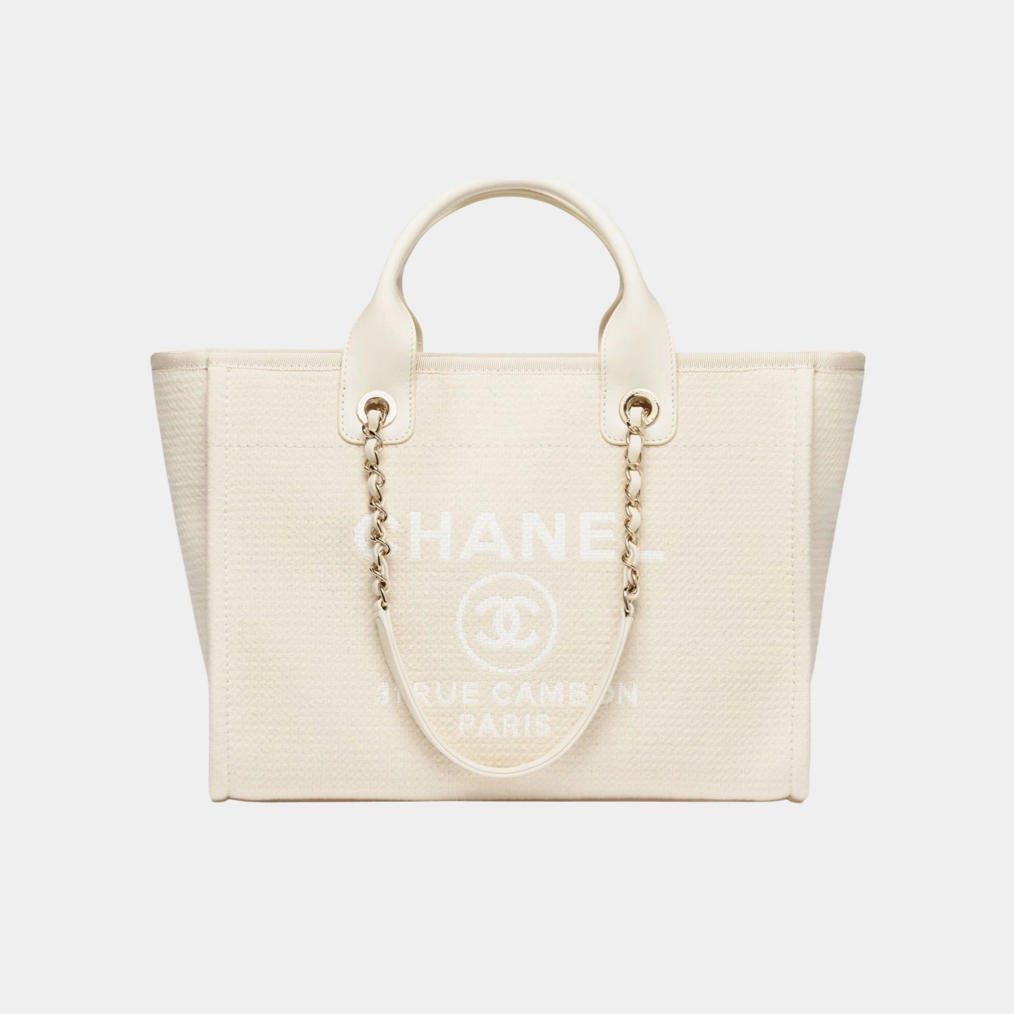 Chanel Shopping Bag Canvas & Gold Tone Metal Light Beige, Front