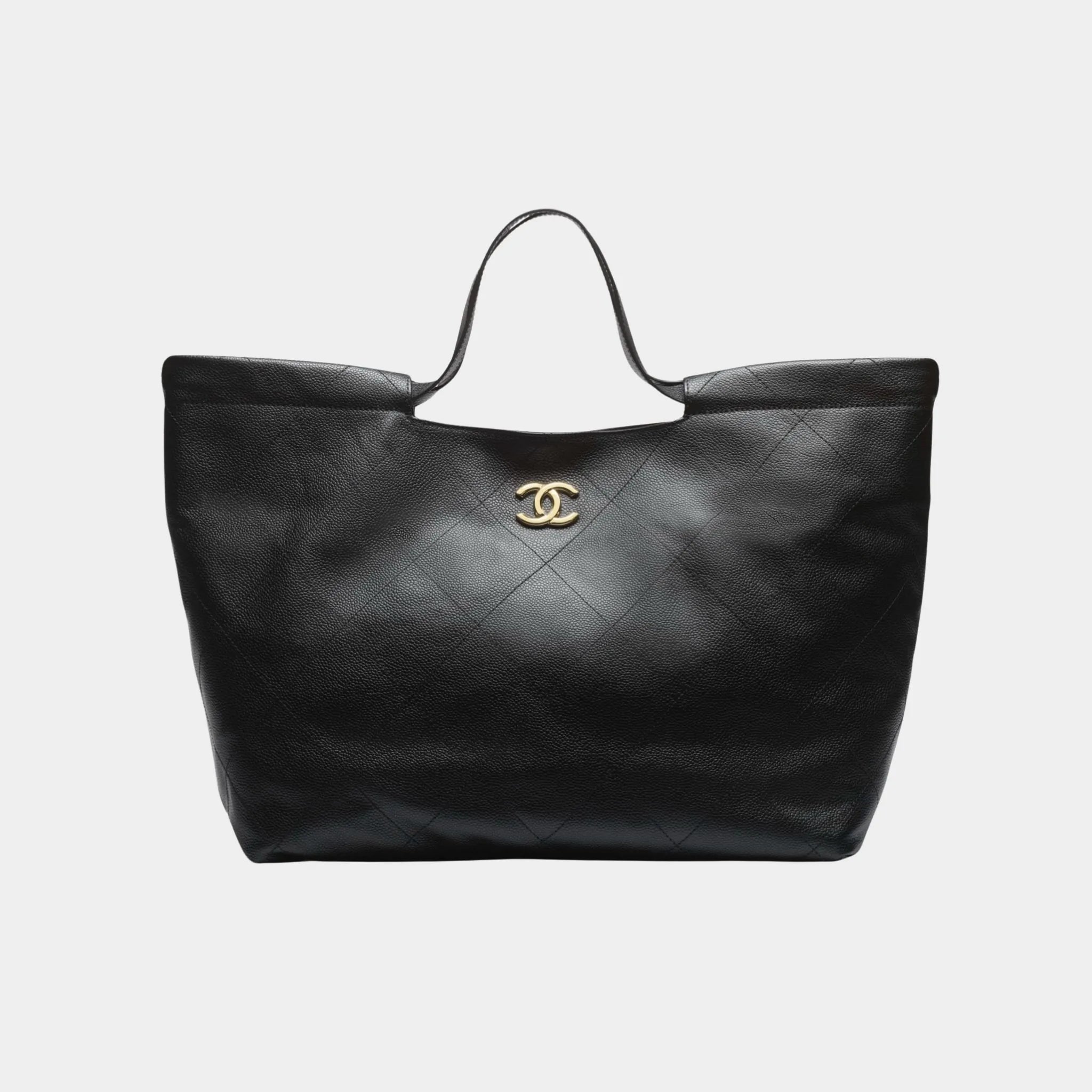 Shopping Bag Grained Calfskin & Gold Tone Metal Black, Front
