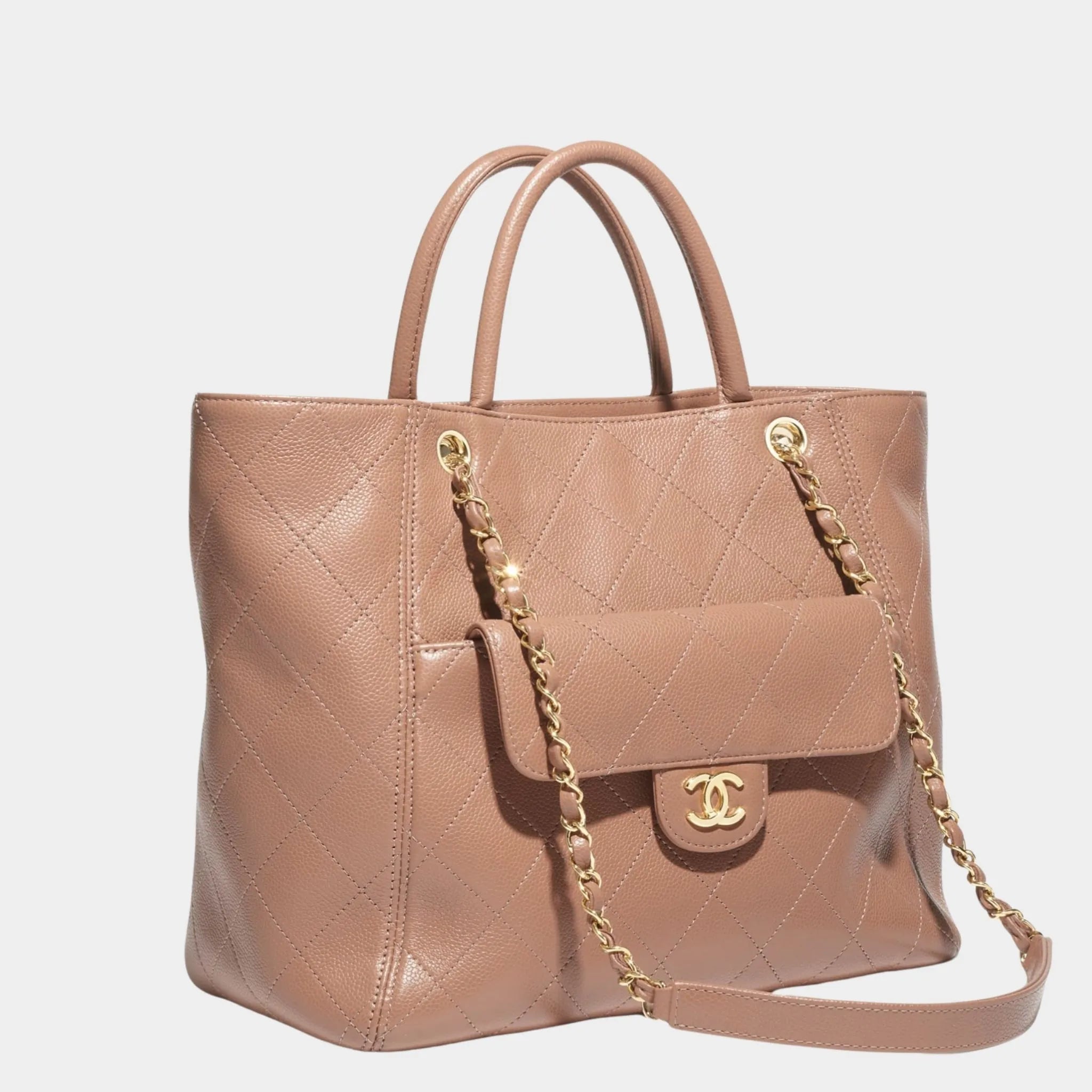 Shopping Bag Grained Calfskin & Gold Tone Metal Brown, Side