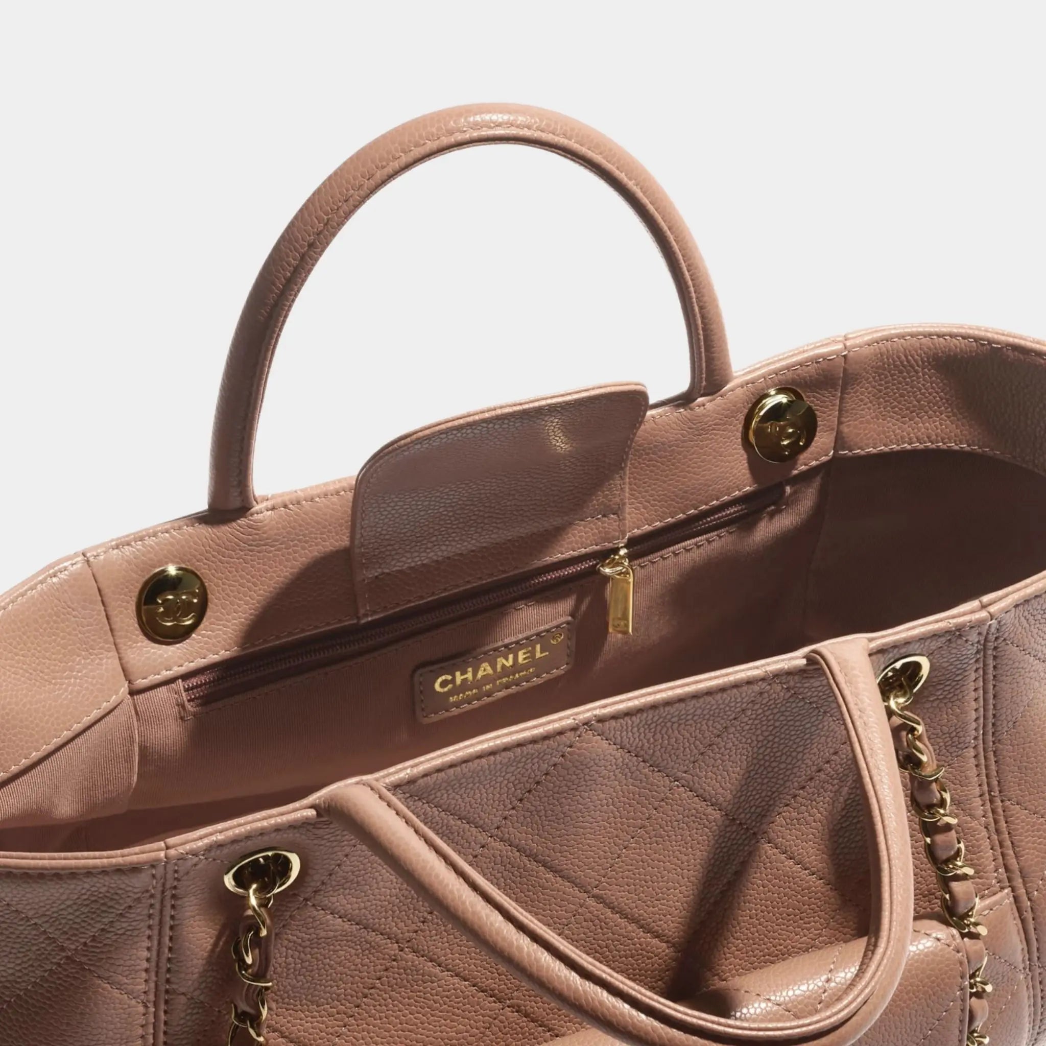 Shopping Bag Grained Calfskin & Gold Tone Metal Brown, Interior