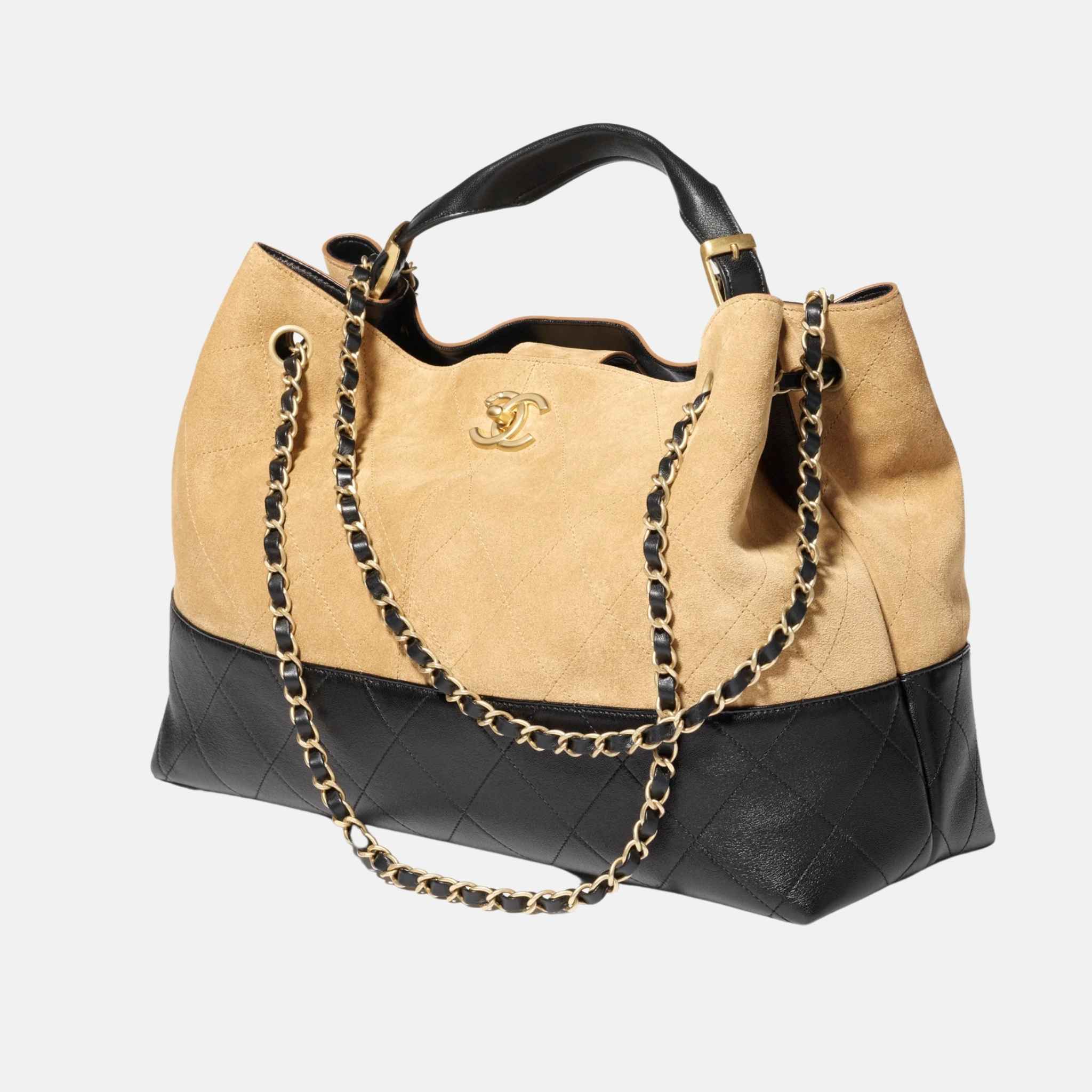 Chanel Shopping Bag In Suede Calfskin Lambskin And Gold Tone Metal, Front