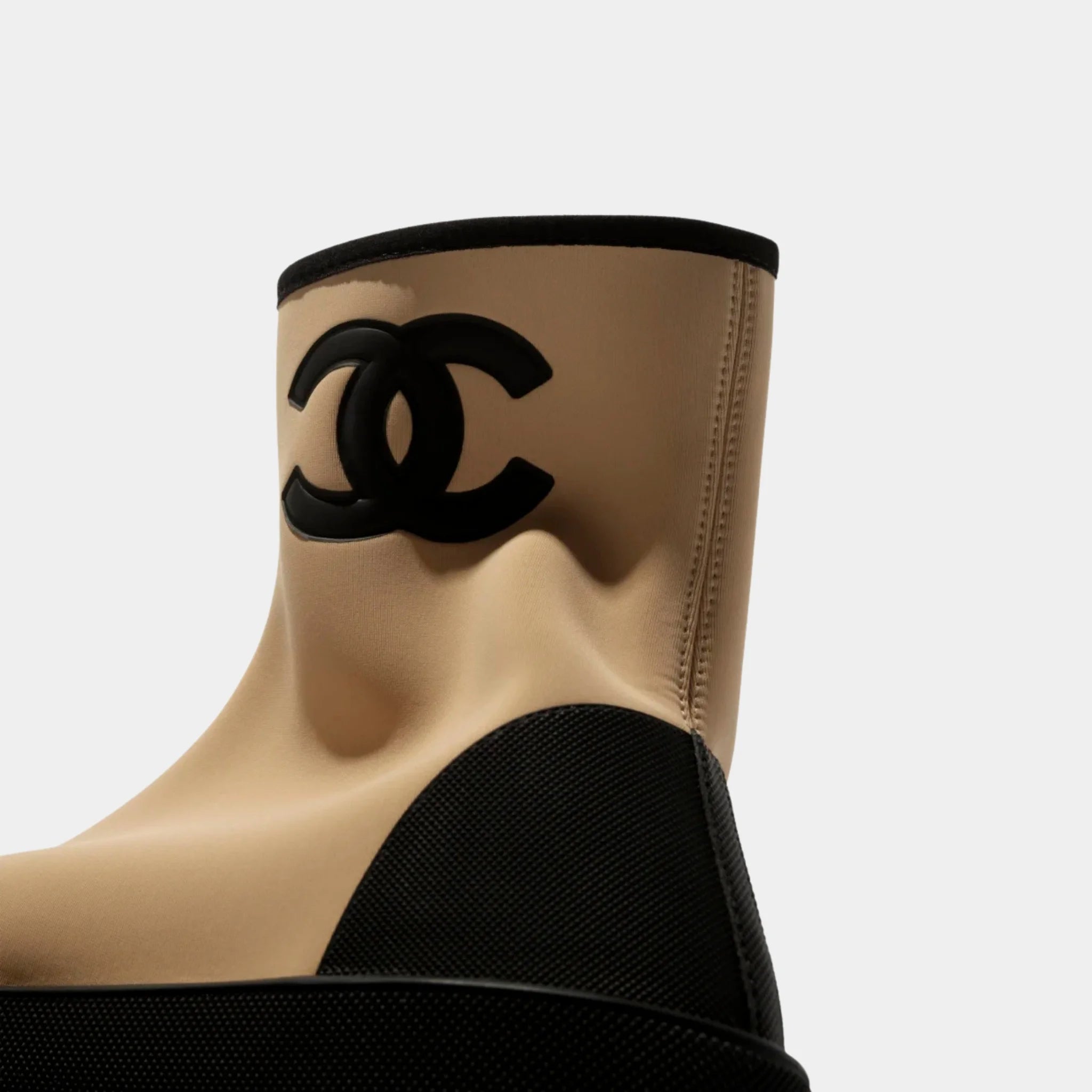 Chanel Short Boots in Mixed Fibers & Rubber, Beige, Black, Top