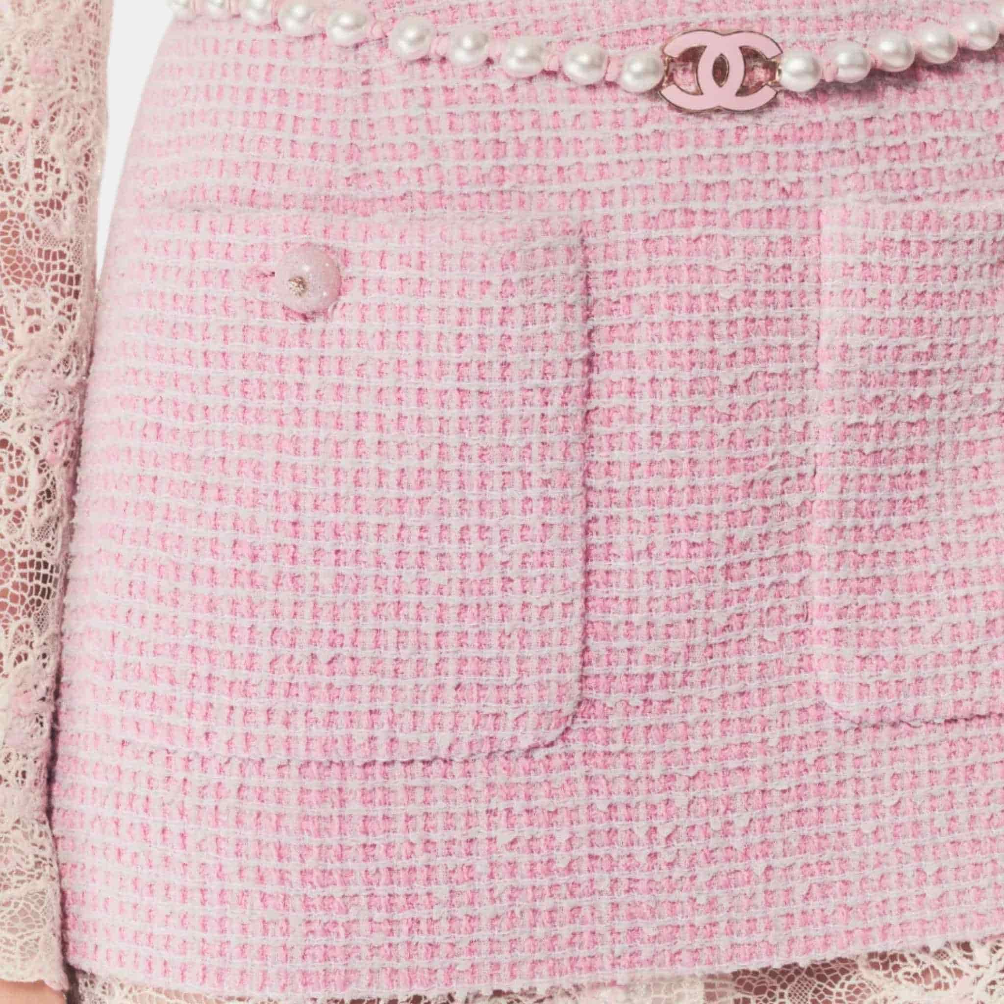 Chanel Skirt Cotton Tweed Light Pink & Grey, Closeup